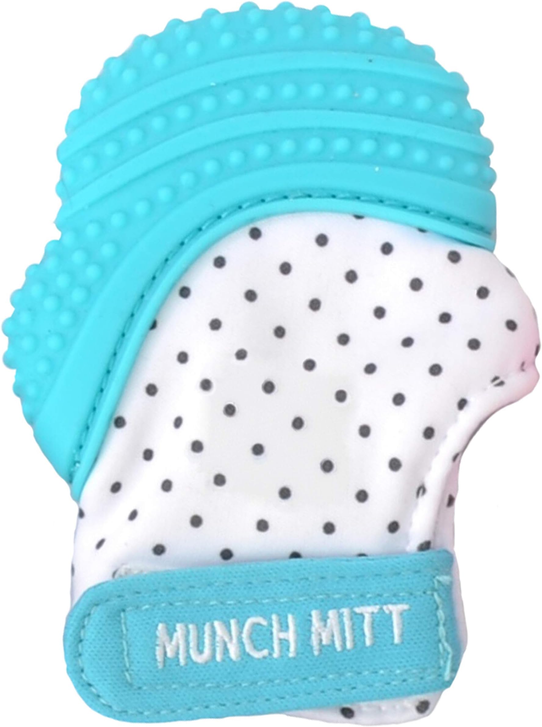 Malarkey Kids Patented Teething Mitten, Munch Mitt Baby Chew Toy - Protects Hands from Chewing & Saliva, Heals Aching Gums, Promotes Sound & Visual Stimulation for Babies - Aqua Polka Dot