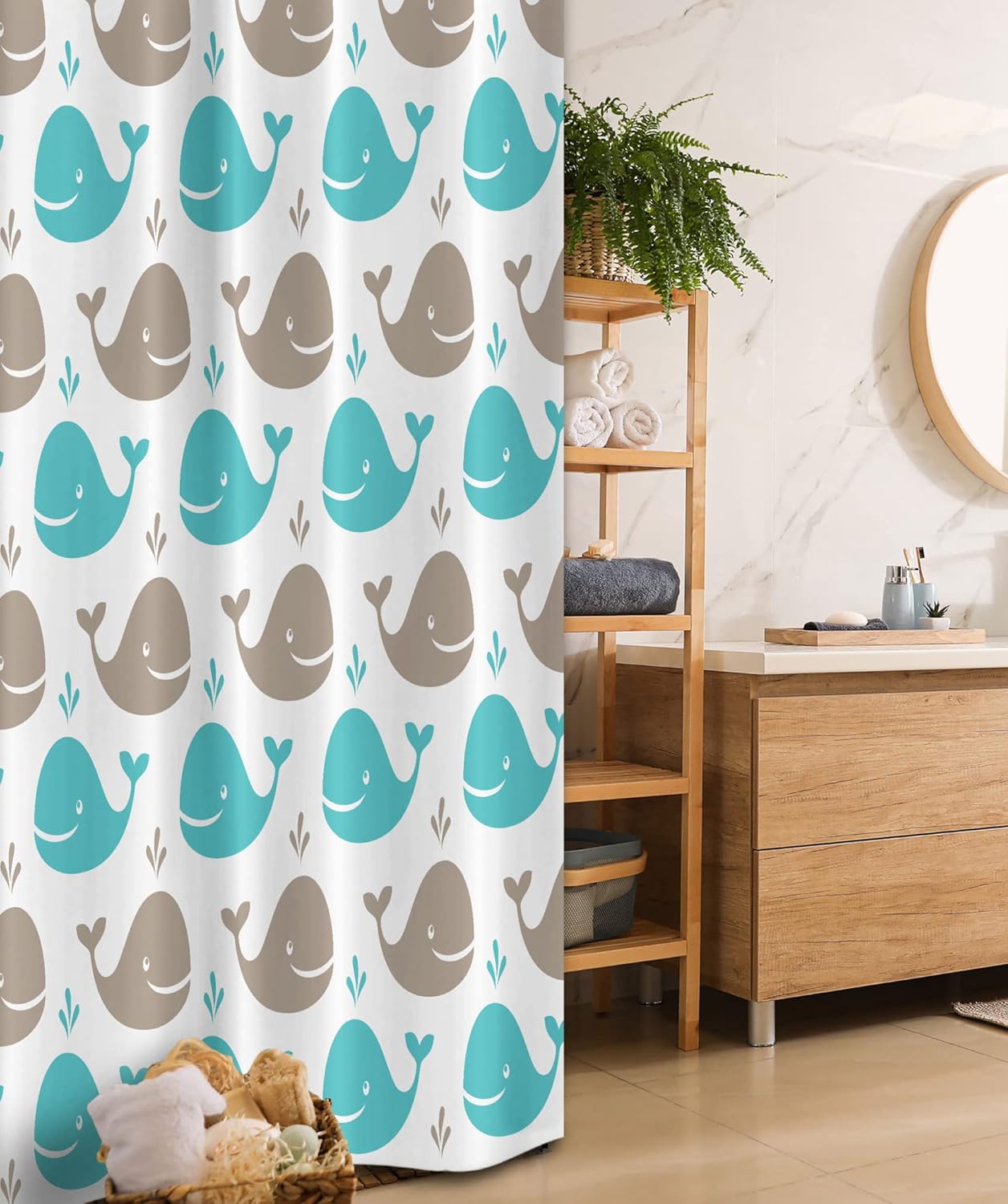 Ambesonne Sea Animals Stall Shower Curtain, Pattern Smiling Whale Cartoon Repeated Design Illustration, Fabric Bathroom Decor Set with Hooks, 36" W x 72" L, Tan Turquoise White