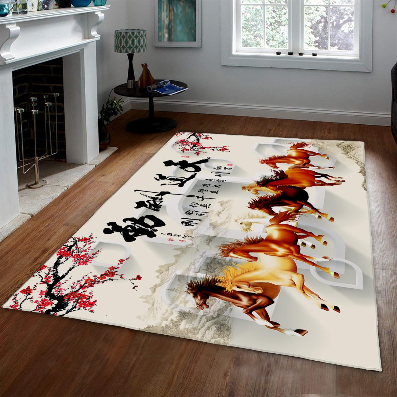 Tapis de salon calligraphie huit chevaux au galop doux 140x200cm