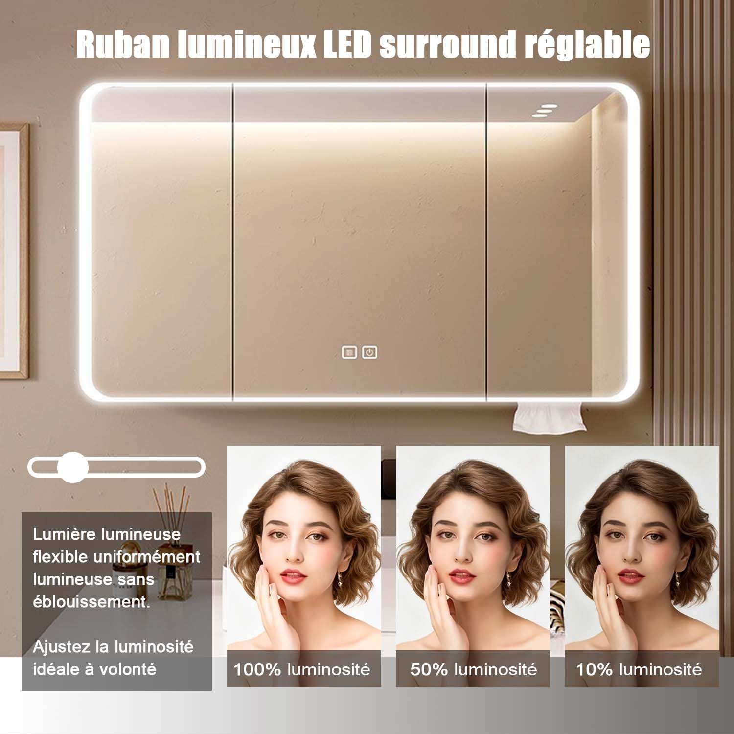 Aluminum Spiegelschrank Bad mit LED Lighting, 3 Adjustable Light Colors, Badezimmer Spiegelschrank mit Defogging Function, Badspiegelschrank Touch Sensor Switch (Weiß, 90cm/35.4in)