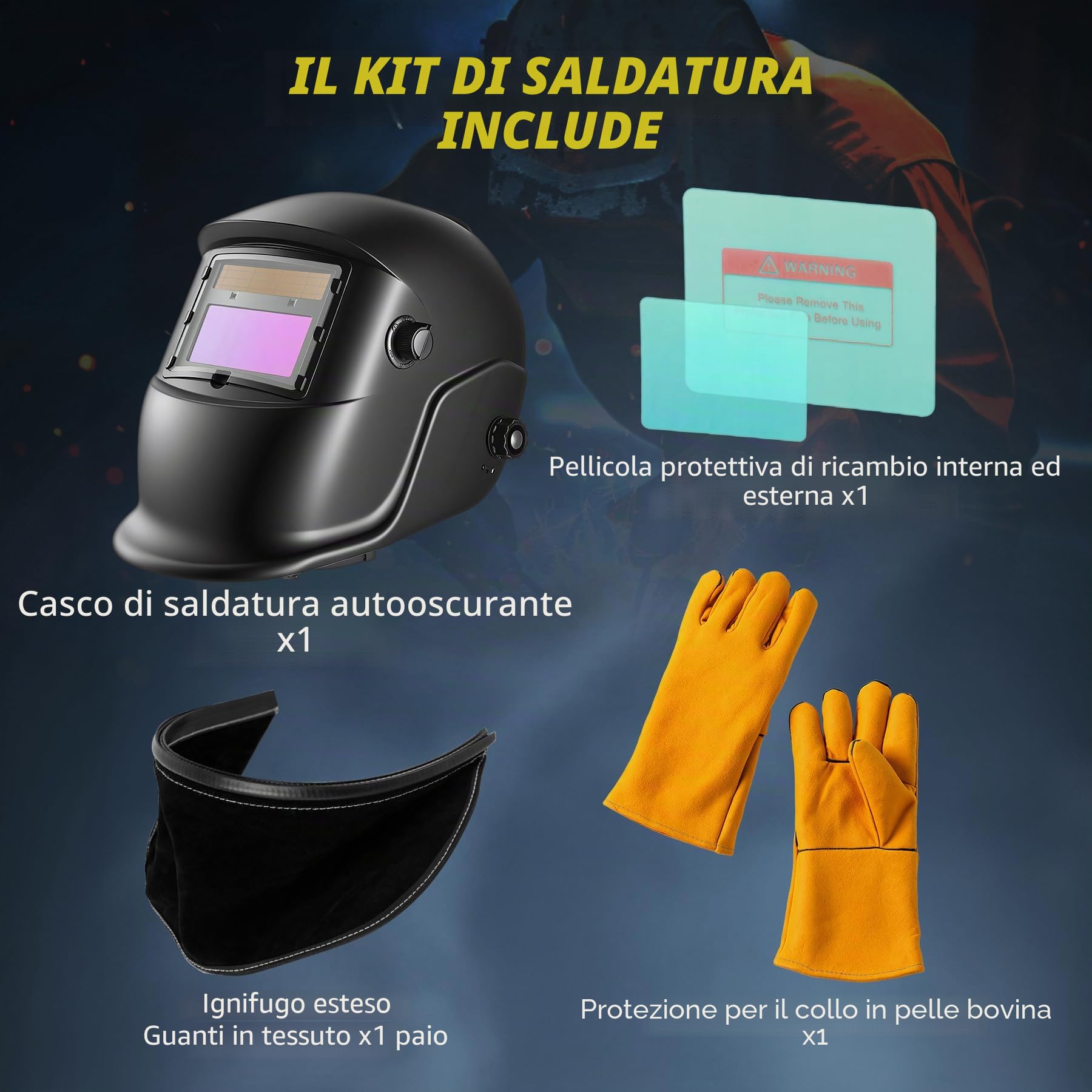 Maschera per saldatura, oscurante automatico, batteria sostituibile, con 2 pellicole protettive + guanti da sudore + protezione per il collo in vera pelle, tinta regolabile 9-13 per ARC Cut