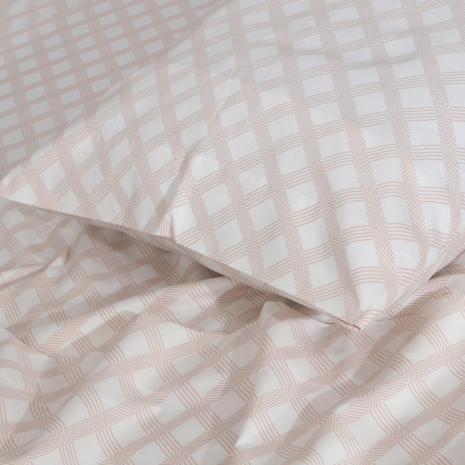 Feather & Stitch 300 TC 100% Cotton King Size Pillowcases 2 piece, Ultra Soft Set of 2 Sateen Weave Pillow Covers with Envelope Closure, Wrinkle & Fade Resistant- 20X40 Inch - Geometric Beige