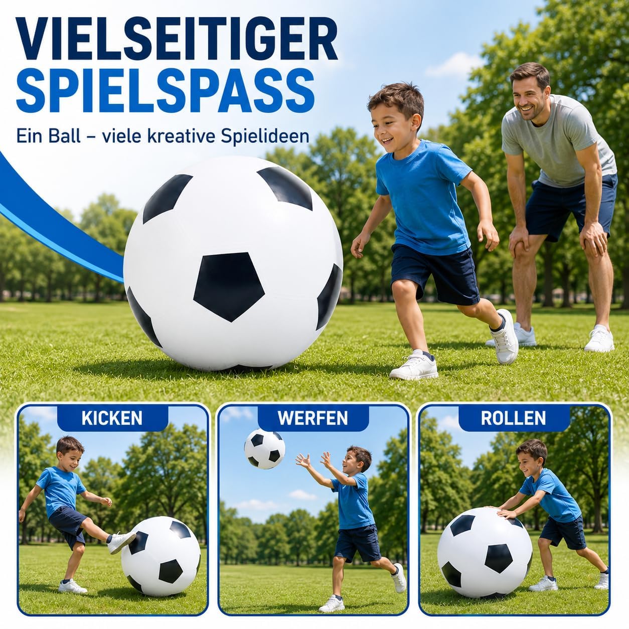 Kinder Fussball aus Gummi,XXL Fußball Ø 60cm Groß,Outdoor Spiele für Kinder,Mädchen Jungen,Aufblasbare Fußballbälle,Aufblasbarer Spielball Mit Mega Sprungkraft