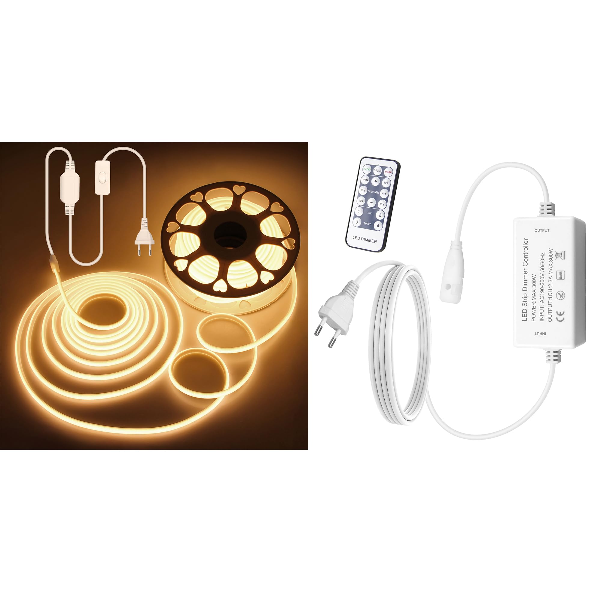 ALITOVE DIY Smart Upgrade Bundle: 30M 230V Warmweiß COB-LED-Streifen mit Schalter + EU-Stecker mit RF-Fernbedienung