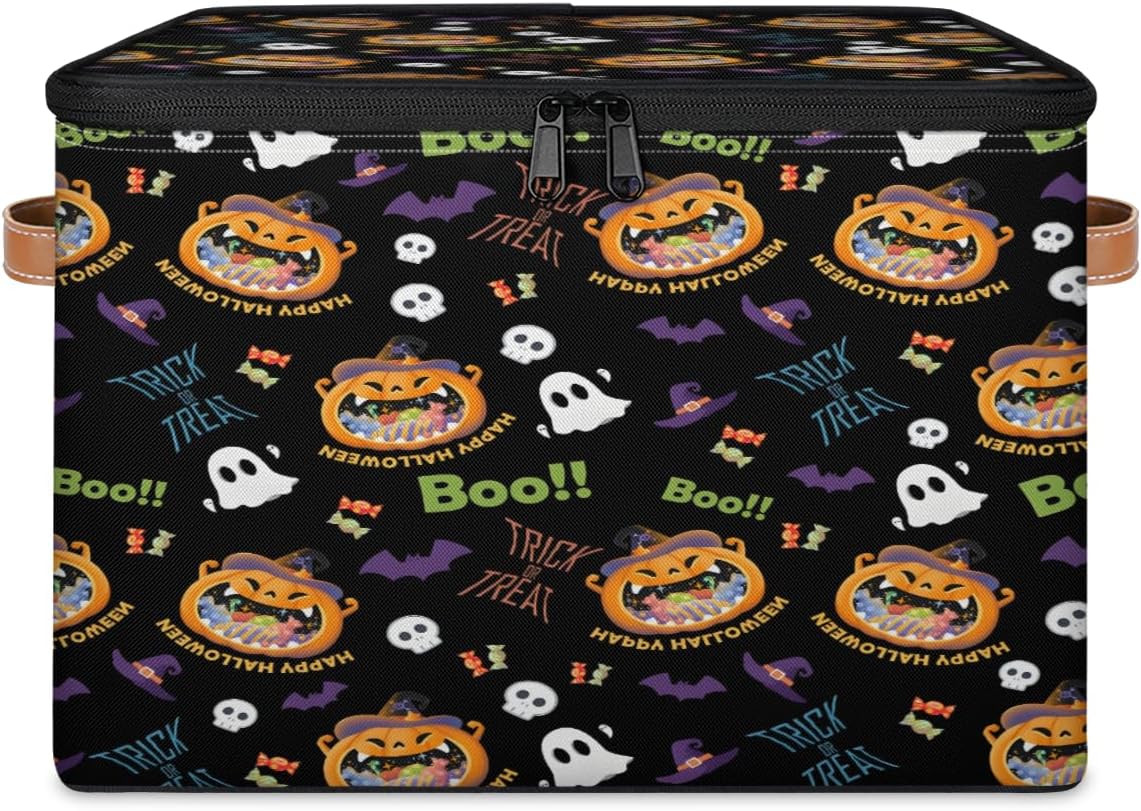 Storage Bin Set of 2 Halloween Pumpkin Candy Storage Basket with Zipper Lid & Handle Foldable Closet Shelf 2 Pack Cloth Organizer Basket Cube Bins Clothes Organizer for Bedroom, Nursery
