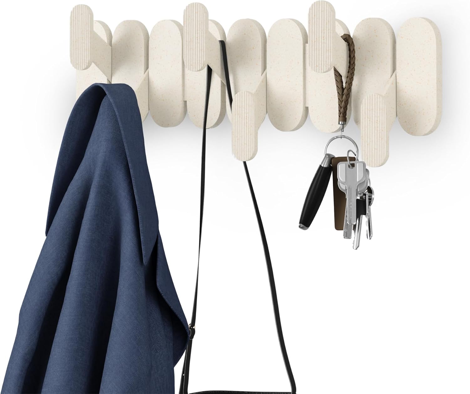 Umbra Tempo Wall Hook – Modern 6-Hook Coat & Towel Rack, Recycled ABS & Wood Fiber, Sand (Beige), Easy Mount Entryway Organizer