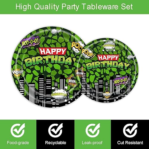 Miniatura 3 de Juego de 96 platos y servilletas para fiesta de cumpleaños de superhéroes ninja, diseño de cómics verdes, edificios de paisaje urbano, suministros