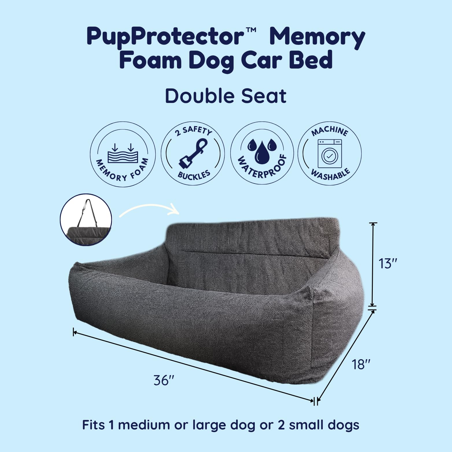 Paw Brands Asiento doble de coche para perro, cama de viaje de espuma viscoelástica para asiento trasero