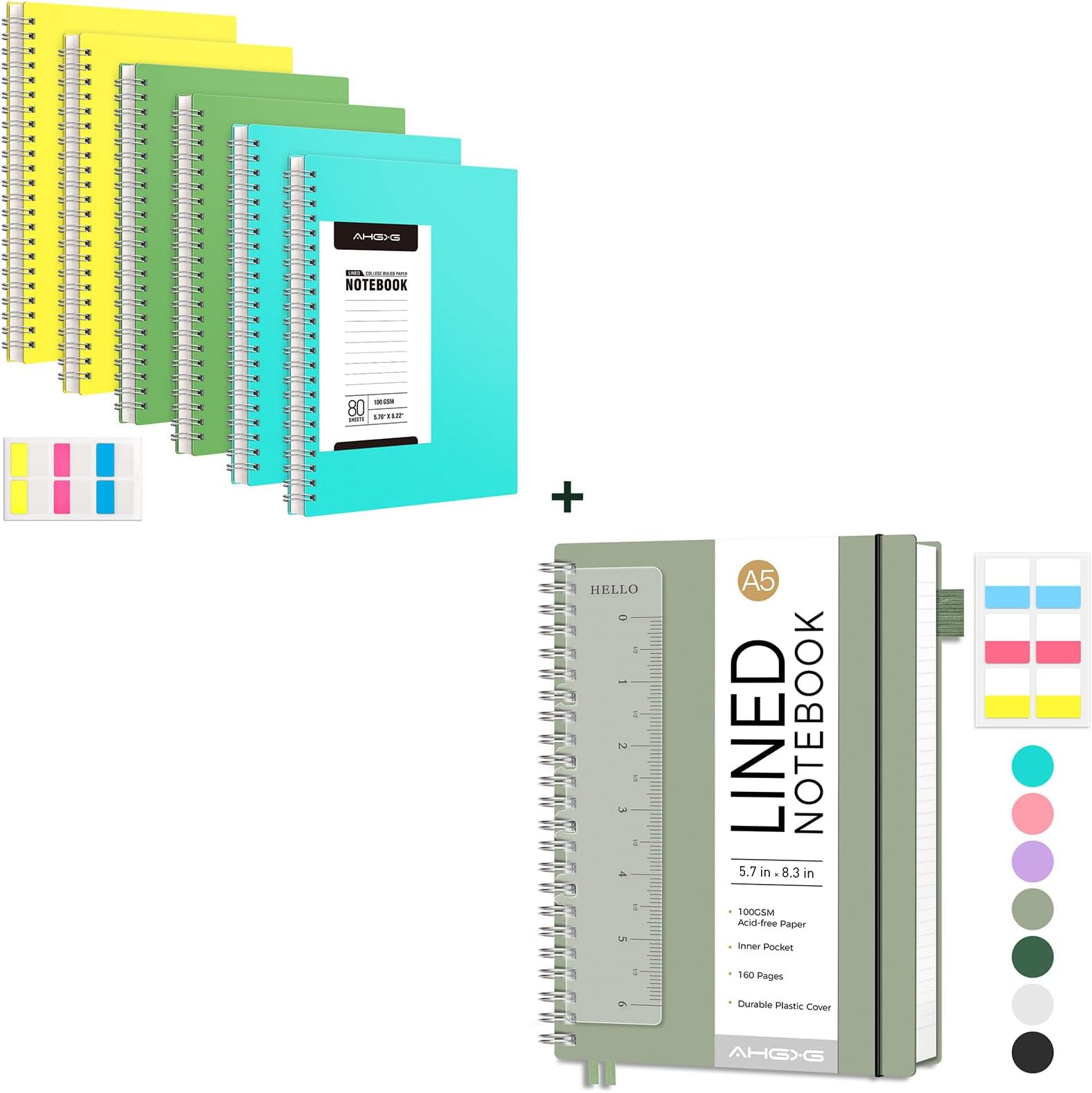 AHGXG A5 Lined Spiral Notebook & A5 6-Pack Spiral Journals