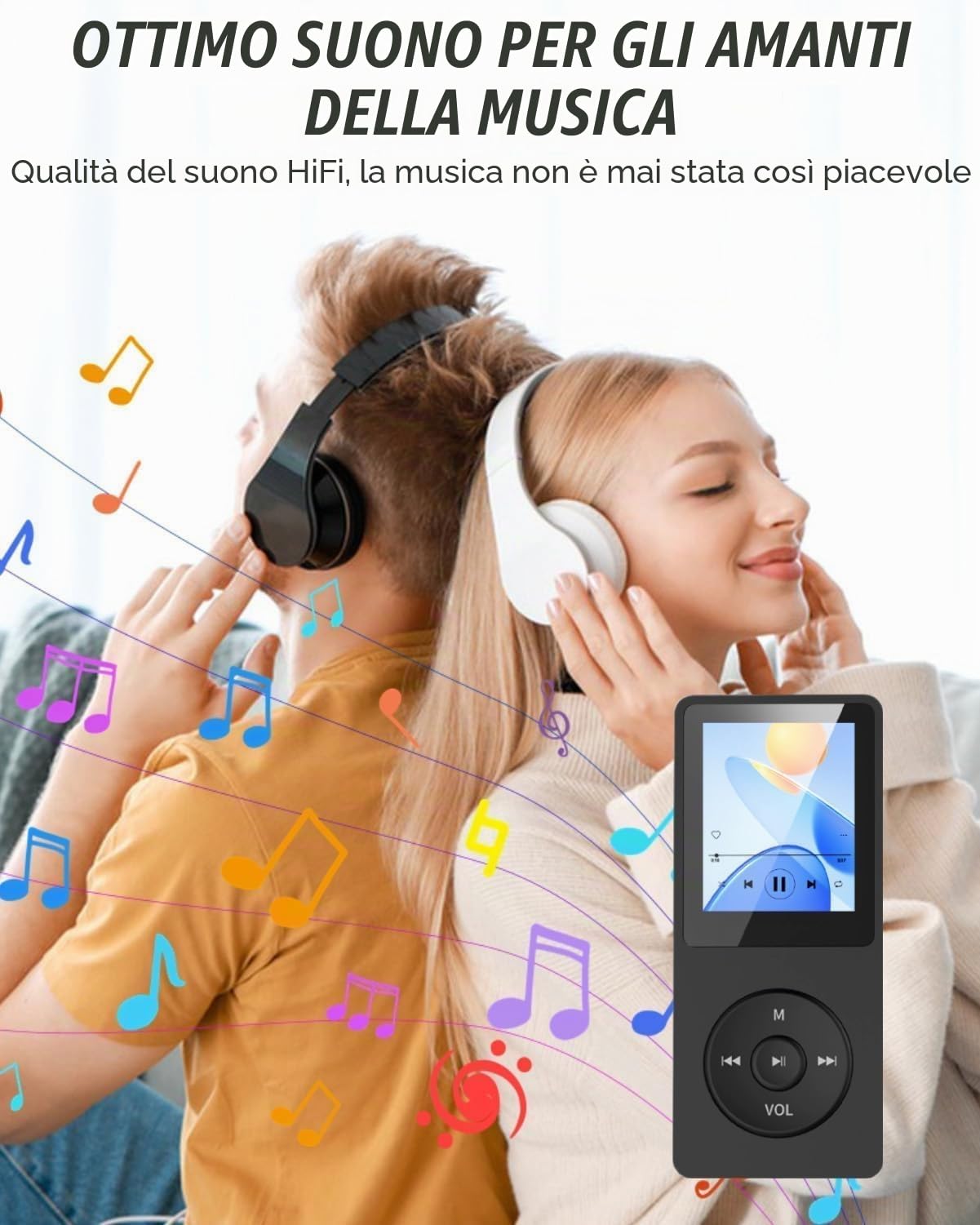 32 GB Lettore MP3 Bluetooth 5.3 con display TFT a colori da 1,8" con cuffie, radio, e-book, registrazione, supporto fino a 128 GB, nero