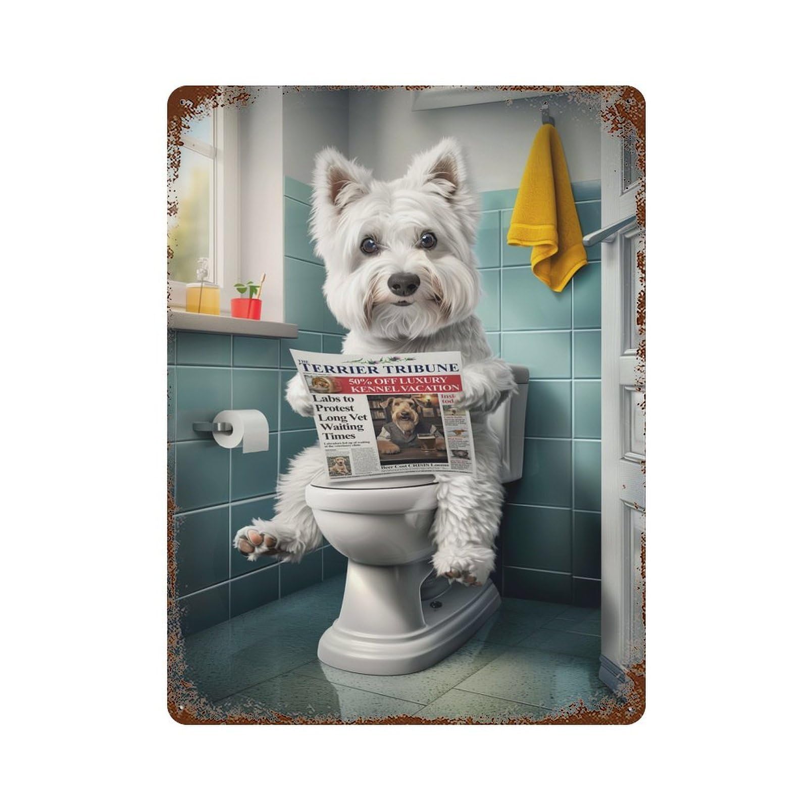 Vintage Rust Metal Sign with Westie on The Toilet Design 15.7"x11.8", for Shed, Workshop And Garage Wall Decor, Classic Wall Plaque