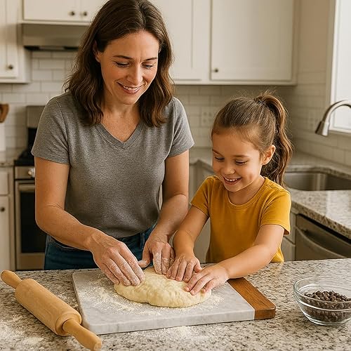 Miniatura 3 de Creative Home - Tabla de repostería de mármol blanco con madera de mango, plato de queso, 18 x 9 pulgadas