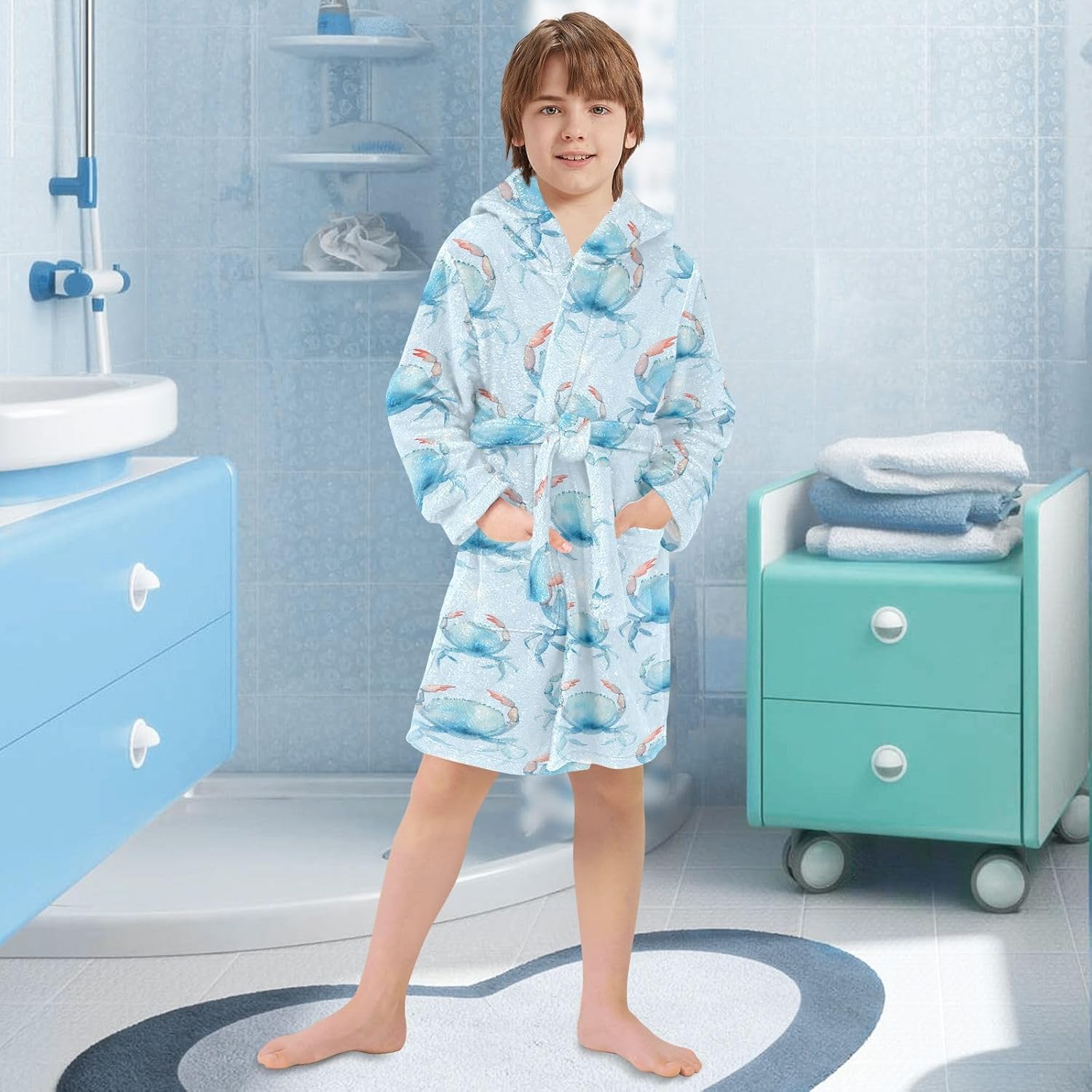 senya Sea Crab Blue Toddler Hooded Bathrobe Kids Soft Plush Bath Towel Robes for Boys Girls 2-12 Years