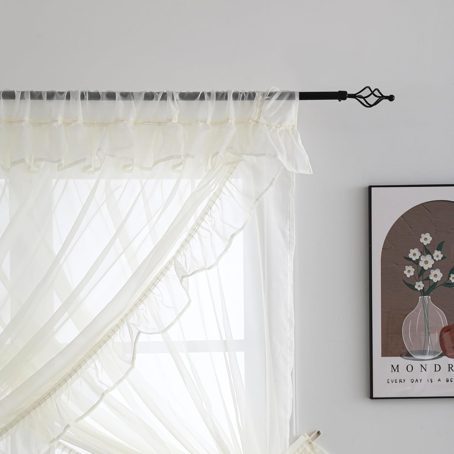 Shabby Chic Double Layer Sheer Ruffled Priscilla Rod Pocket Window Curtain Panel with Tiebacks White 100" W x 84" L