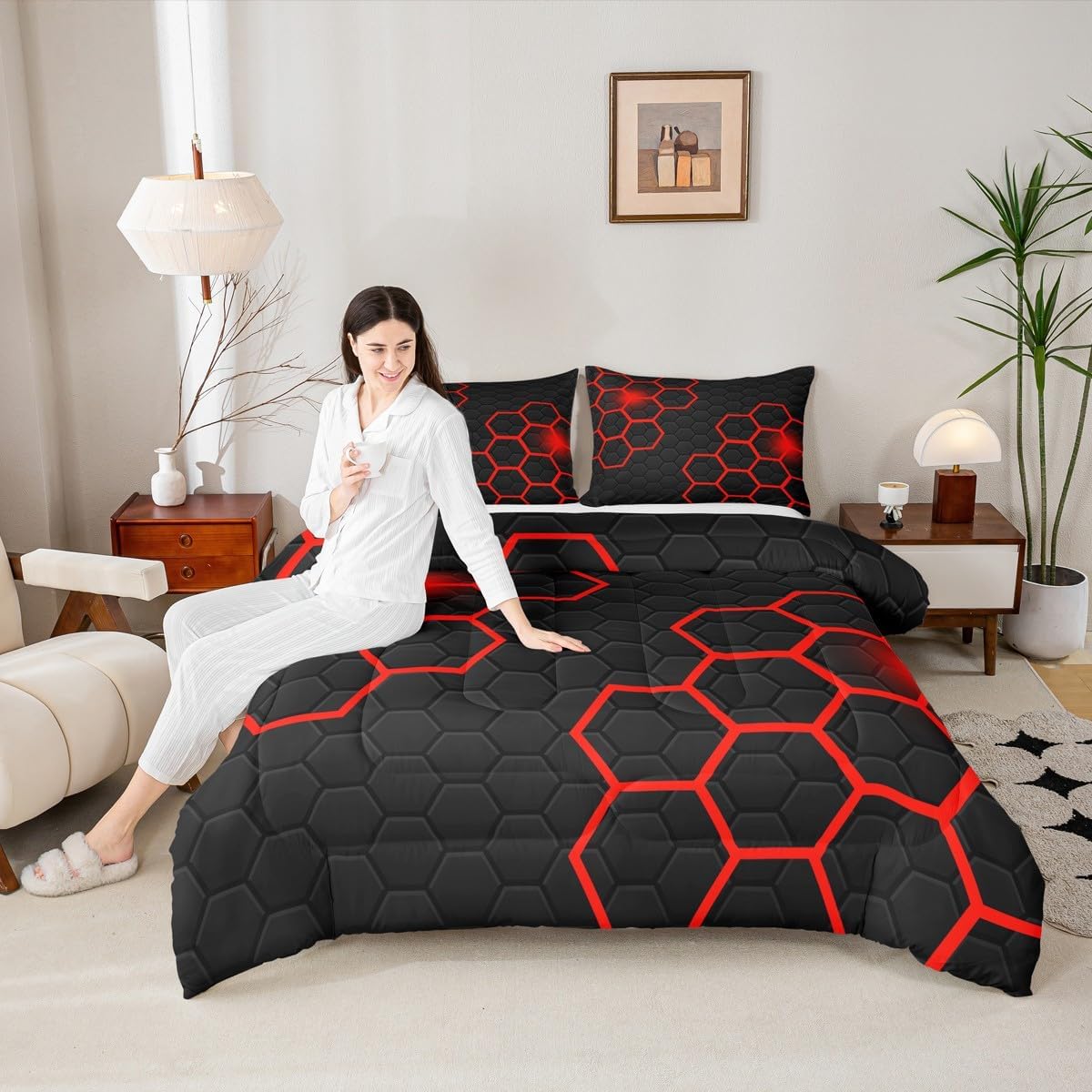 Geometric Honeycomb Kids Comforter Set King Size,Hexagon Abstract Artwork Bedding Set,Girls Boys Adults Room Decor,Neon Modern Fashion Down Comforter,Classic Red Black Duvet Insert,2 Pillowcases