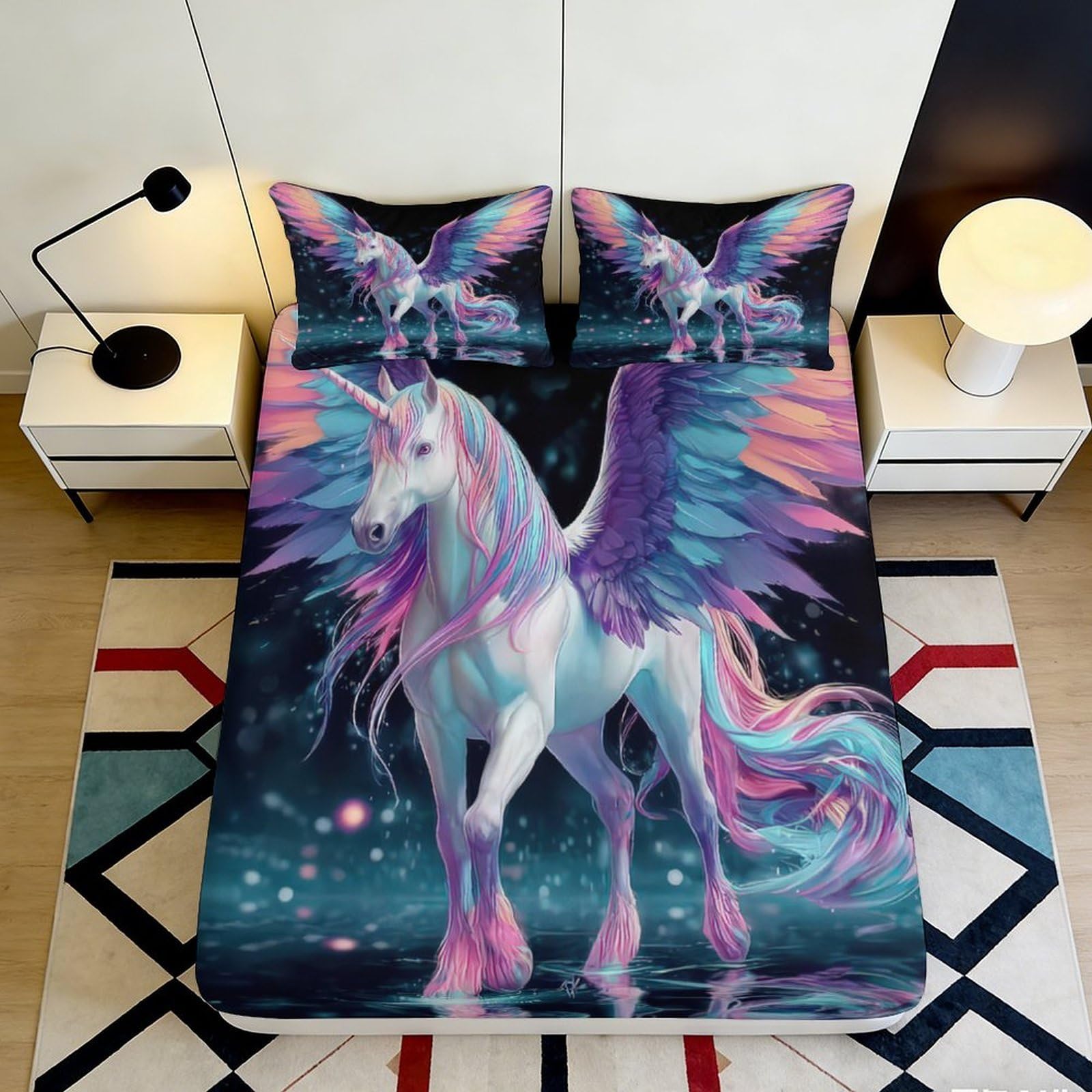 3D Printed Unicorn Wings Fitted Sheet Microfiber Soft Breathable Pegasus Bed Cover for Bedroom Dormitory Guest Room Mattress Protection Decor 180x200x25cm