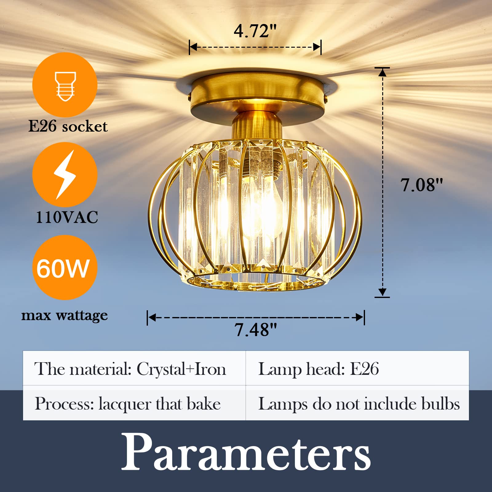 YYJLX Crystal Semi Flush Mount Ceiling Light Fixture E26 Mini Antique Gold Chandelier Small Ceiling Lamp for Entryway Bedroom Bathroom Hallway Closet Foyer