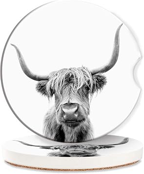 Highland Cow Car Cup Coaster 2 Pack,Black White Cattle Absorbent Ceramic Coaster for Women Men,Drink Car Cup Holders Interior Assecories,Universal 2.56" with Finger Notch & Cork Base