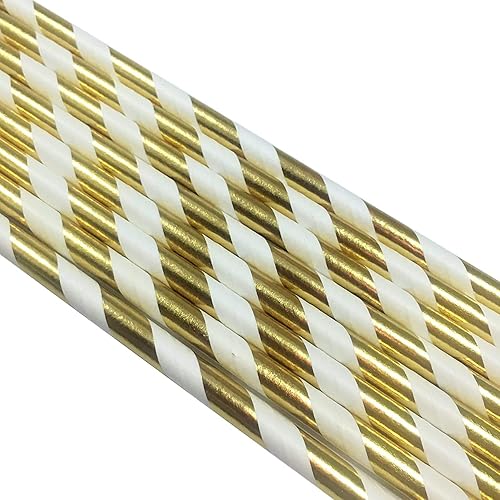 Miniatura 2 de Pajitas de papel a rayas doradas brillantes, 100 % biodegradables, pajitas de cóctel prémium para beber, jugo, batido empacado 100