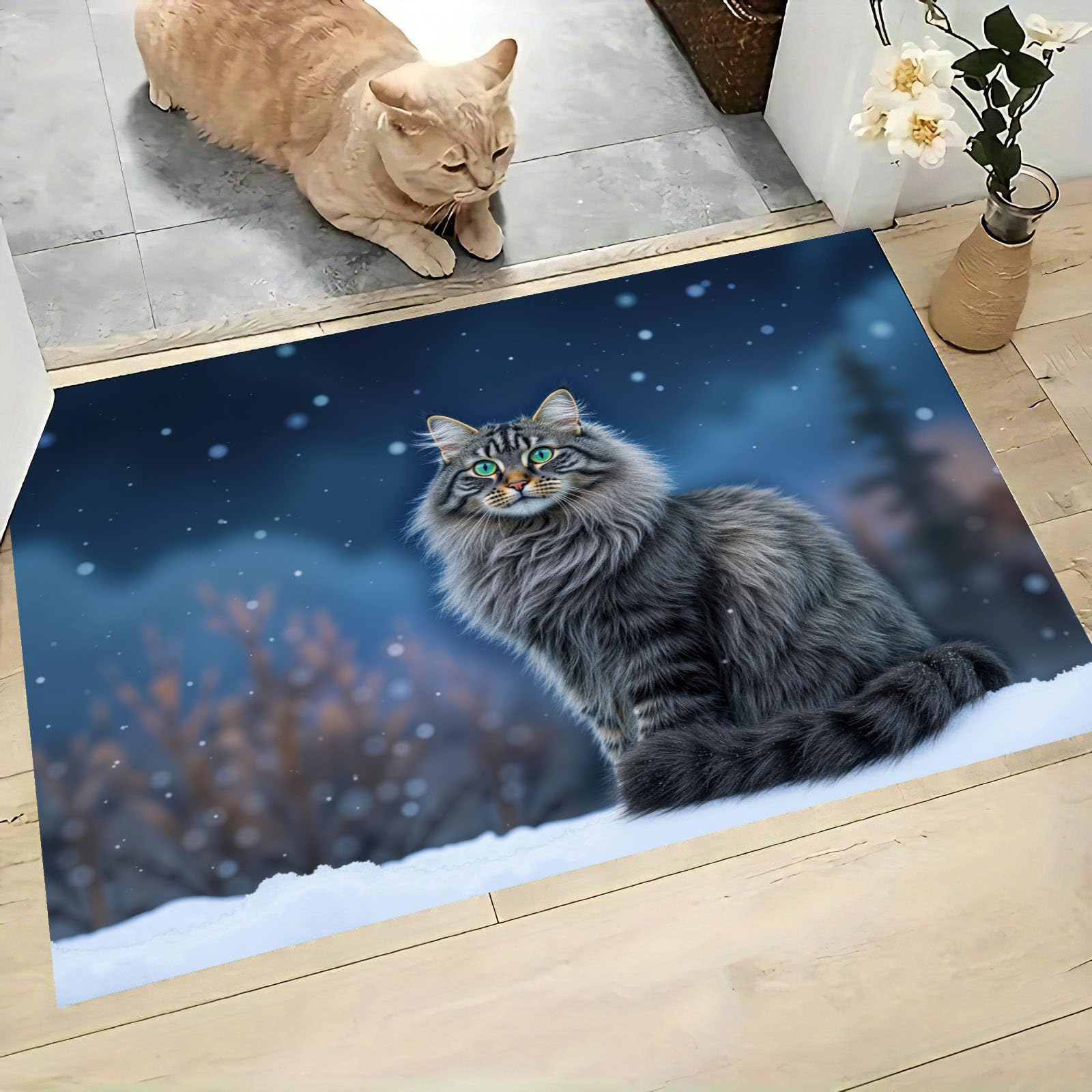 Tapis d'Entrée Antidérapant Absorbant Chat Neige Bleu 90x150cm Lavable
