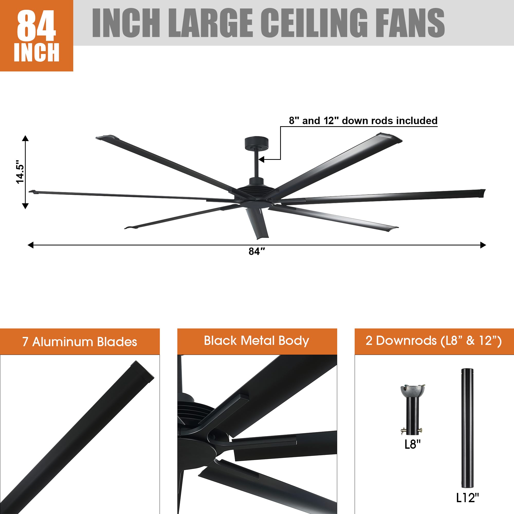 84 Inch Ceiling Fans without Light Industrial Black Ceiling Fan No Light for Living Room Bedroom Shop Garage — view 6
