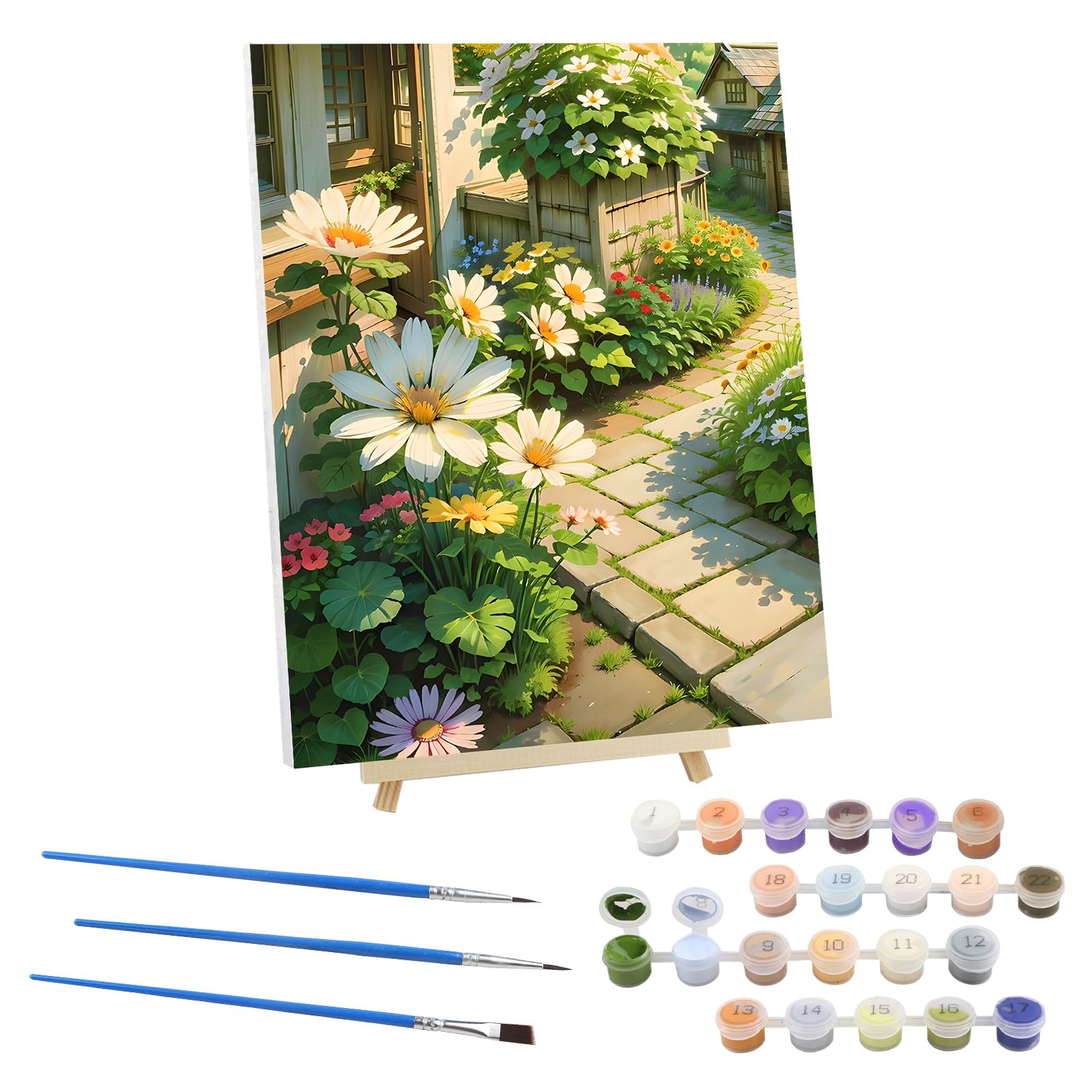 EOBROMD Flowers Paint by Numbers for Adults on Framed Canvas, Flagstone Path Paint by Numbers Kits with Wood Easel, Landscape Oil Acrylic Craft Art Painting Kits for Home Wall Decor 12x16 in