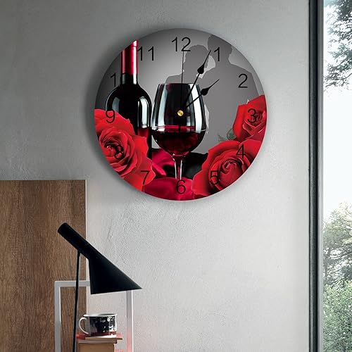 Miniatura 3 de Reloj de pared silencioso de PVC de 10 pulgadas, reloj de pared redondo con flores de rosas y vino tinto para cocina, sin tictac, funciona con