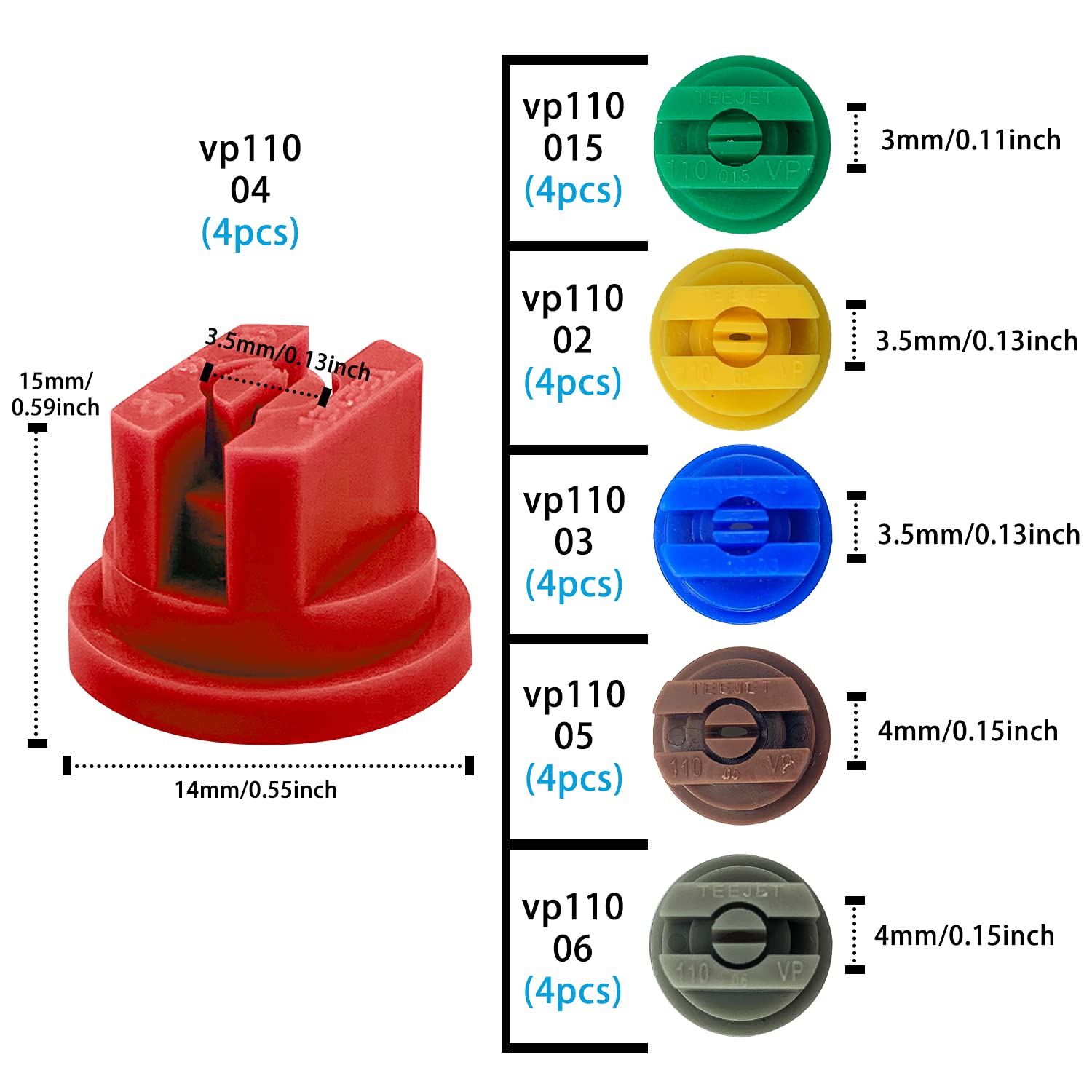 6) Spuitmondstukken (Flat fan 110 graden nozzles) (ONE OF EACH) Mondstuk tips voor knapzak sproeiers