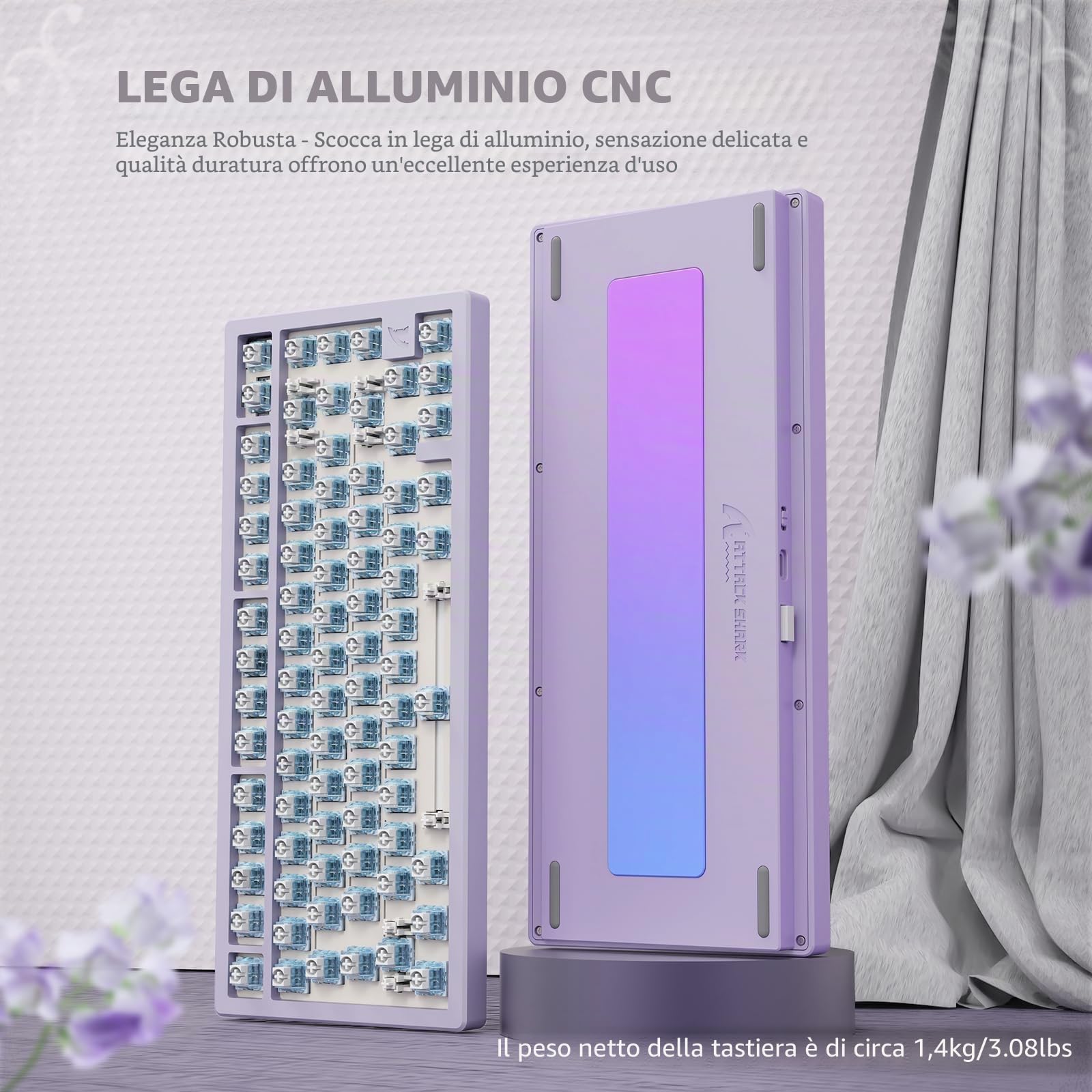 LexonElec x ATTACK SHARK X75 CNC Tastiera da gioco wireless in alluminio al 75%, Tri Mode-BT/2.4G/Cablato, Tastiera meccanica RGB montata su guarnizione, batteria da 5000 mAh, Supporta Win/Mac-viola