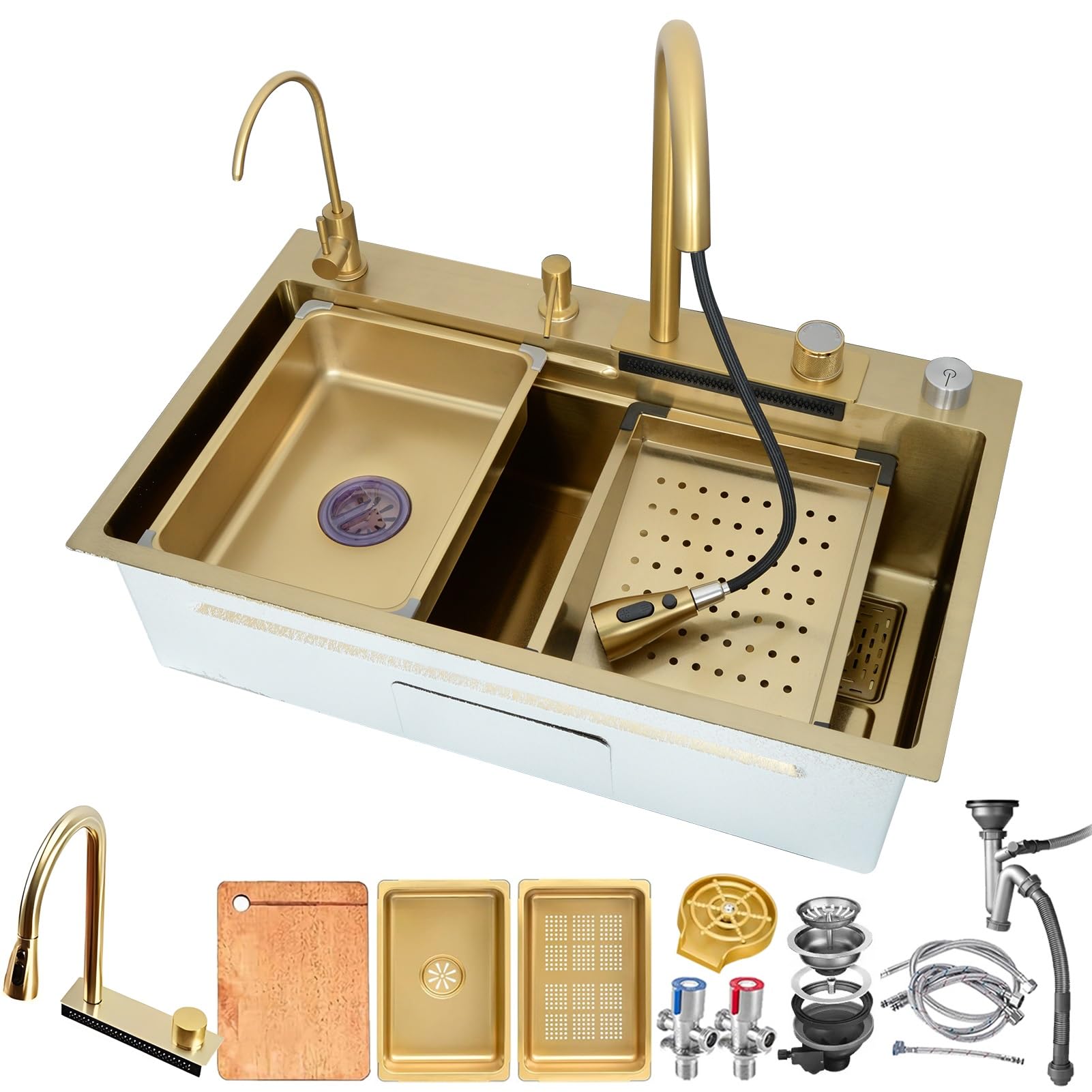 ZQFHSX Kitchen Black Waterfall Sink, Stainless Steel Left Faucet, Multifunctional Single Bowl Sink– 50cm Large Workstation Sink With Pull-Out Siphon, Overflow And Drain S