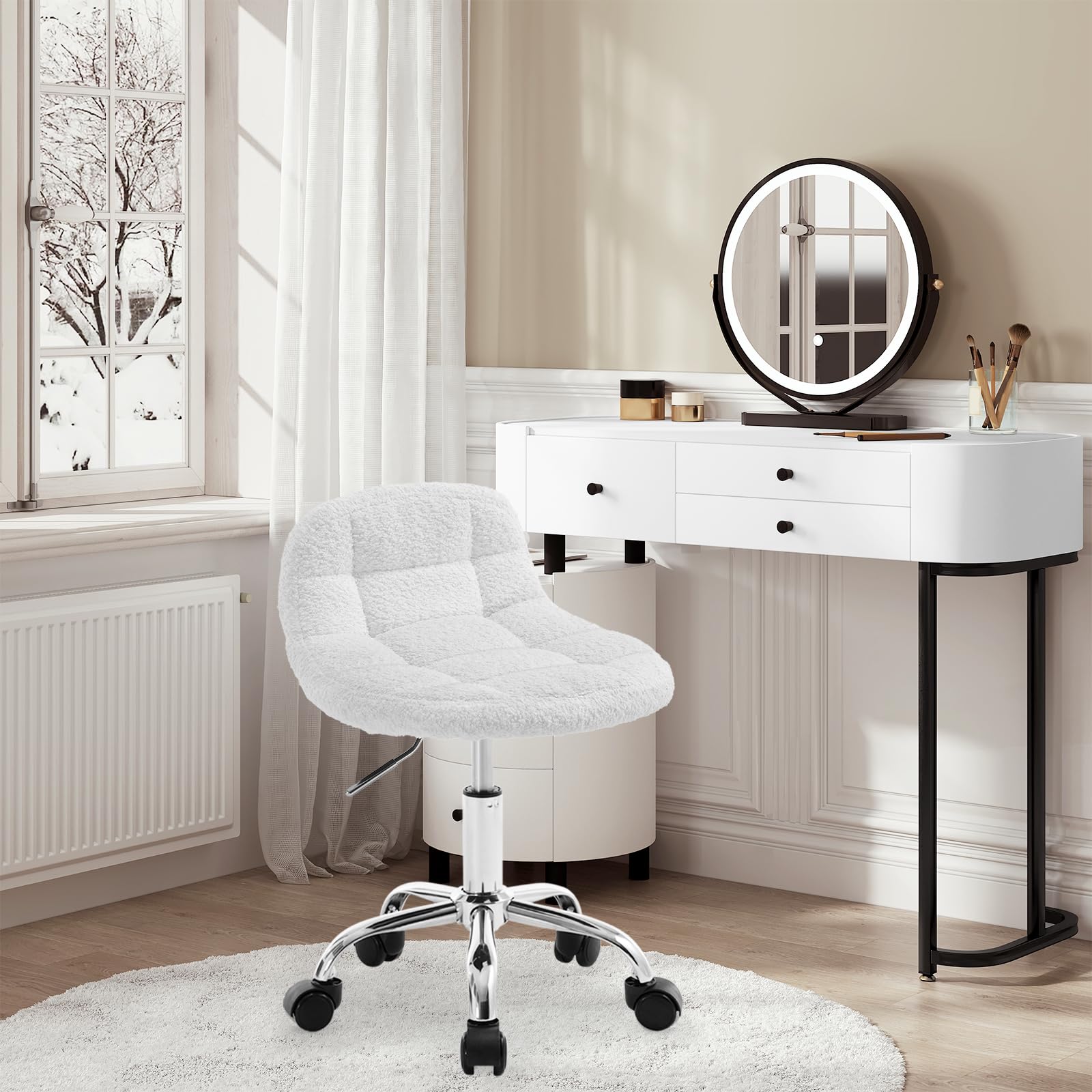 WOLTU Tabouret de Bureau Pivotant à roulettes, Tabouret avec Dossier Réglable en Hauteur Entre 43,5 et 55cm, en Chenille, Blanc, BS174ws