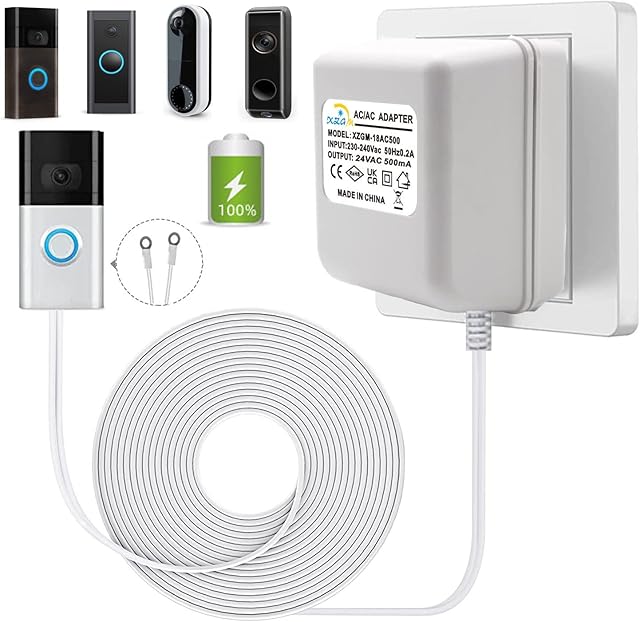 Video Doorbell Transformer 24V500MA,Ring Doorbell Power Adapter,UK Plug,for Ring,Nest,Arlo,Eufy,Wyze,Video Doorbell(5M Extension Cable White)