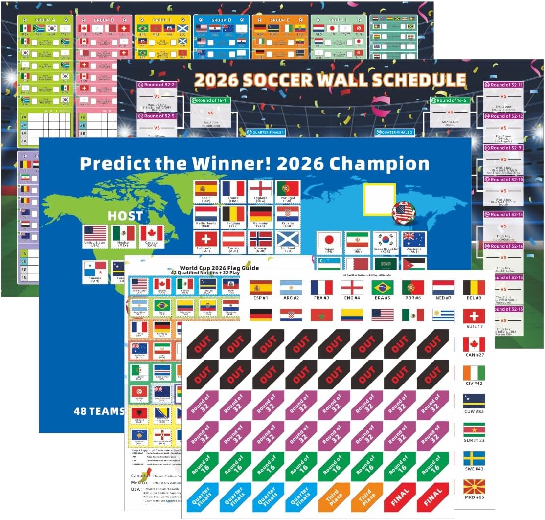 World Cup 2026 Soccer Bracket Posters Set 16.5x22in Pre-Filled Group Stage Fixtures, Position-Labeled Knockout Schedule, Nation Guide Sticker & Interactive Flag Cards Wallchart for Football Fans