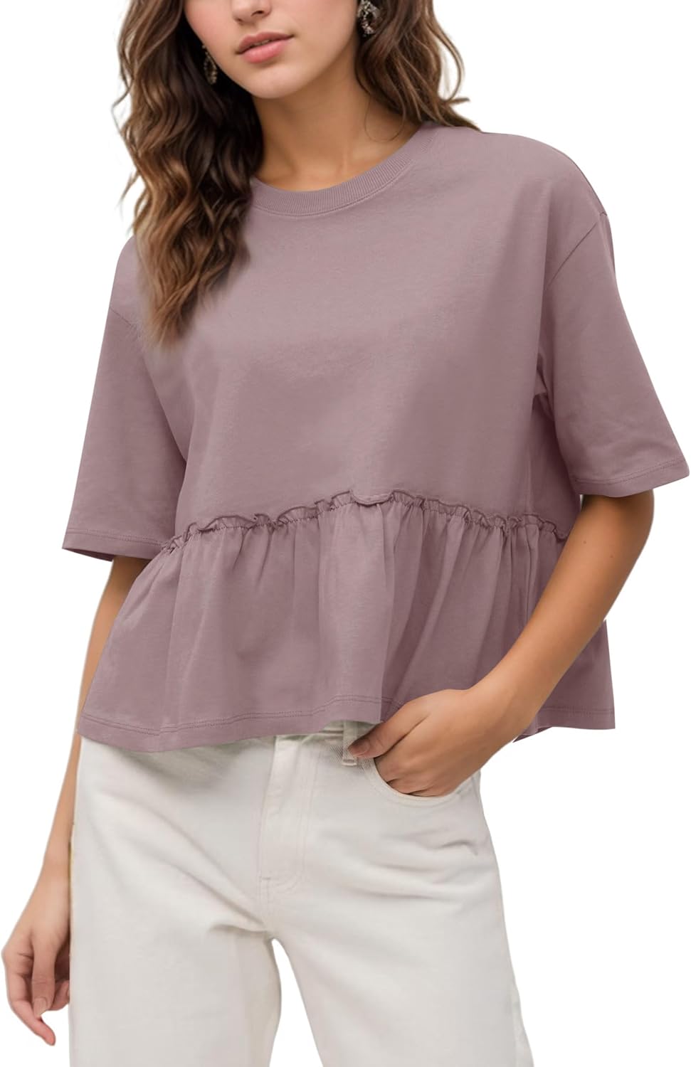 Women Summer Short Sleeve T-Shirts Oversized Dressy Casual Work Blouses Cropped Cute Ruffle Babydoll Peplum Tops