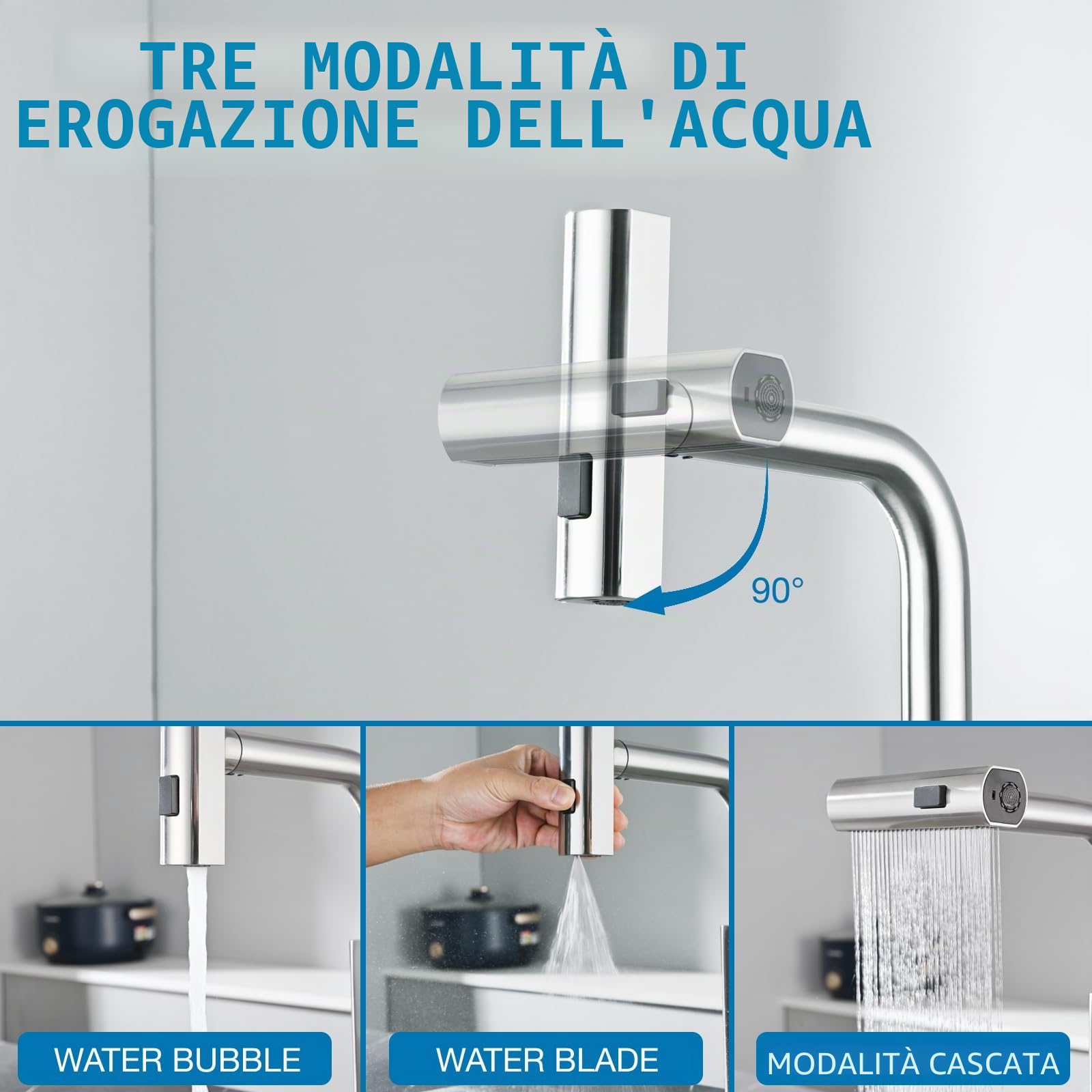 Rubinetto Cucina Estraibilecon 3 Modalità Getto, DETBOM Rubinetto Lavello Cucina Acqua Fredda e Calda, Rotazione di 360° Miscelatore Cucina, Acciaio Inox, con Aeratore Rimovibile, Finitura Spazzolata