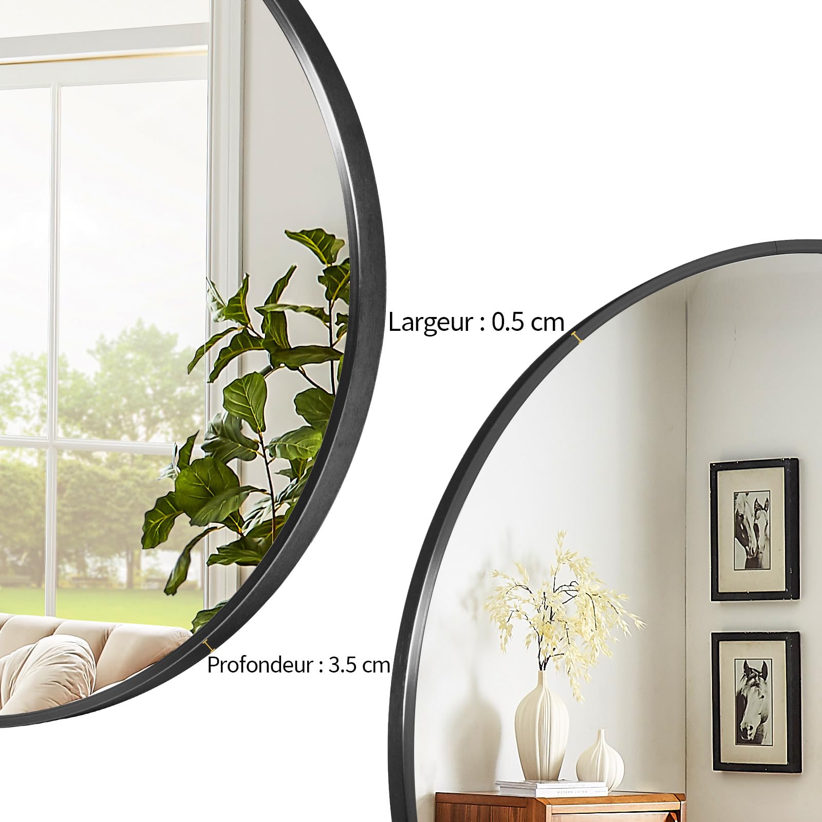 BEAUTYPEAK 60 cm Runder Spiegel in Schwarz, Rund Dekorativer Wandspiegel mit Aluminiumrahmen, Bruchsicherer Badezimmer Spiegel zum Aufhängen und Anlehnen, Wandspiegel für Schlafzimmer, Bad, Wohnzimmer