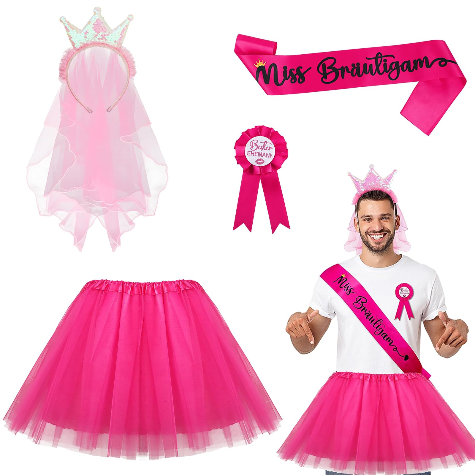 JGA Outfit Set, Junggesellenabschied Kostüm für Männer - Krone, Abzeichen, Schärpe und Tütü für Party