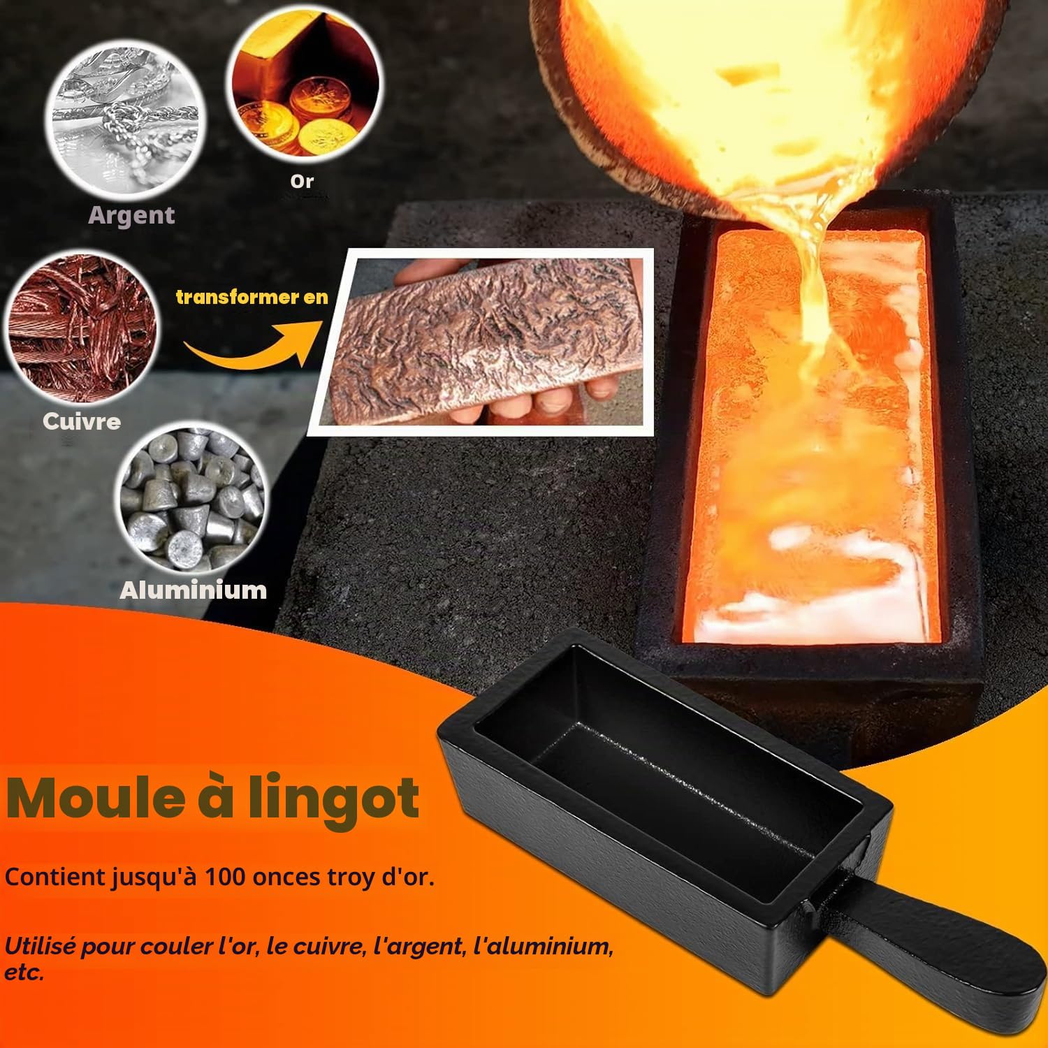 Moule à lingot en fonte pour lingots d'or, pain, fonte, idéal pour fondre individuellement, couler, affiner l'or, l'argent, le cuivre, l'aluminium, le laiton, les métaux précieux