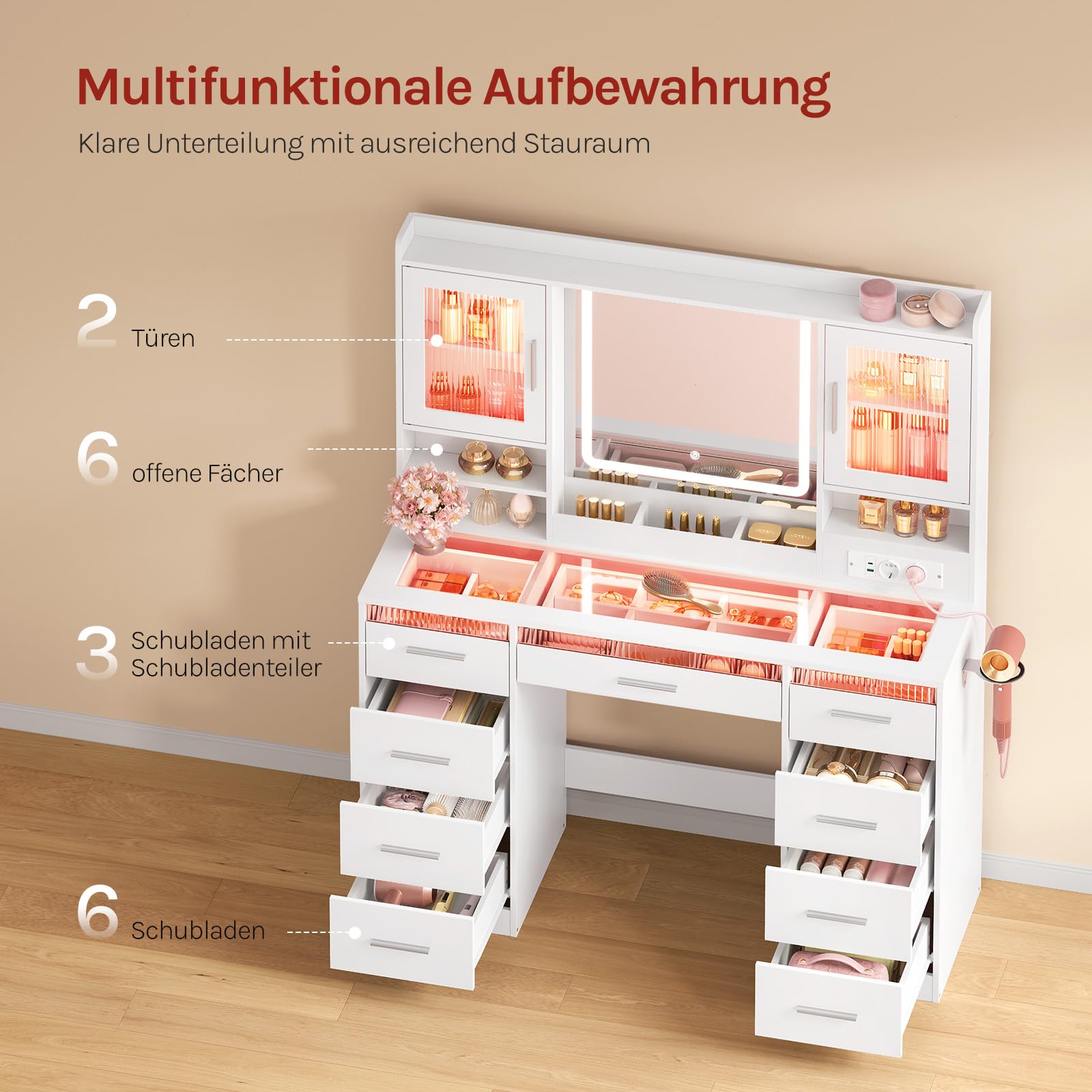 WOLTU Schminktisch mit RGB- und LED-Beleuchtung, großer Schminktisch mit transparenter Glasplatte, 9 unterteilten Fächern, Steckdose, 9 Schubladen, Spiegel, 2 Schränken, für Schlafzimmer, Weiß