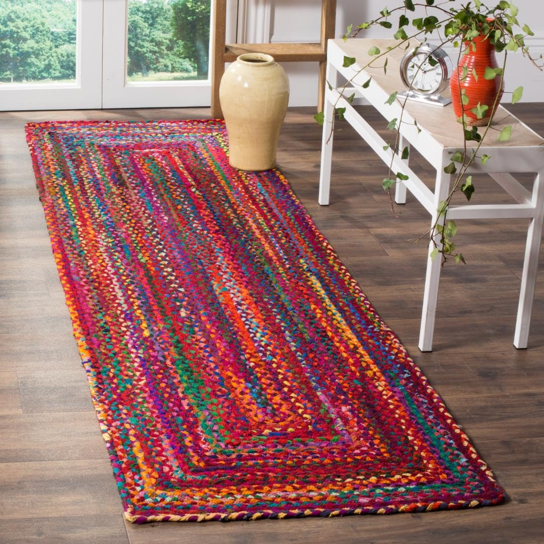 SAFAVIEH Braided Collection Runner Rug - 2'3" x 10', Red & Multi, Handmade Woven Cotton, Boho Reversible Style, Ideal for Living Room, Bedroom (