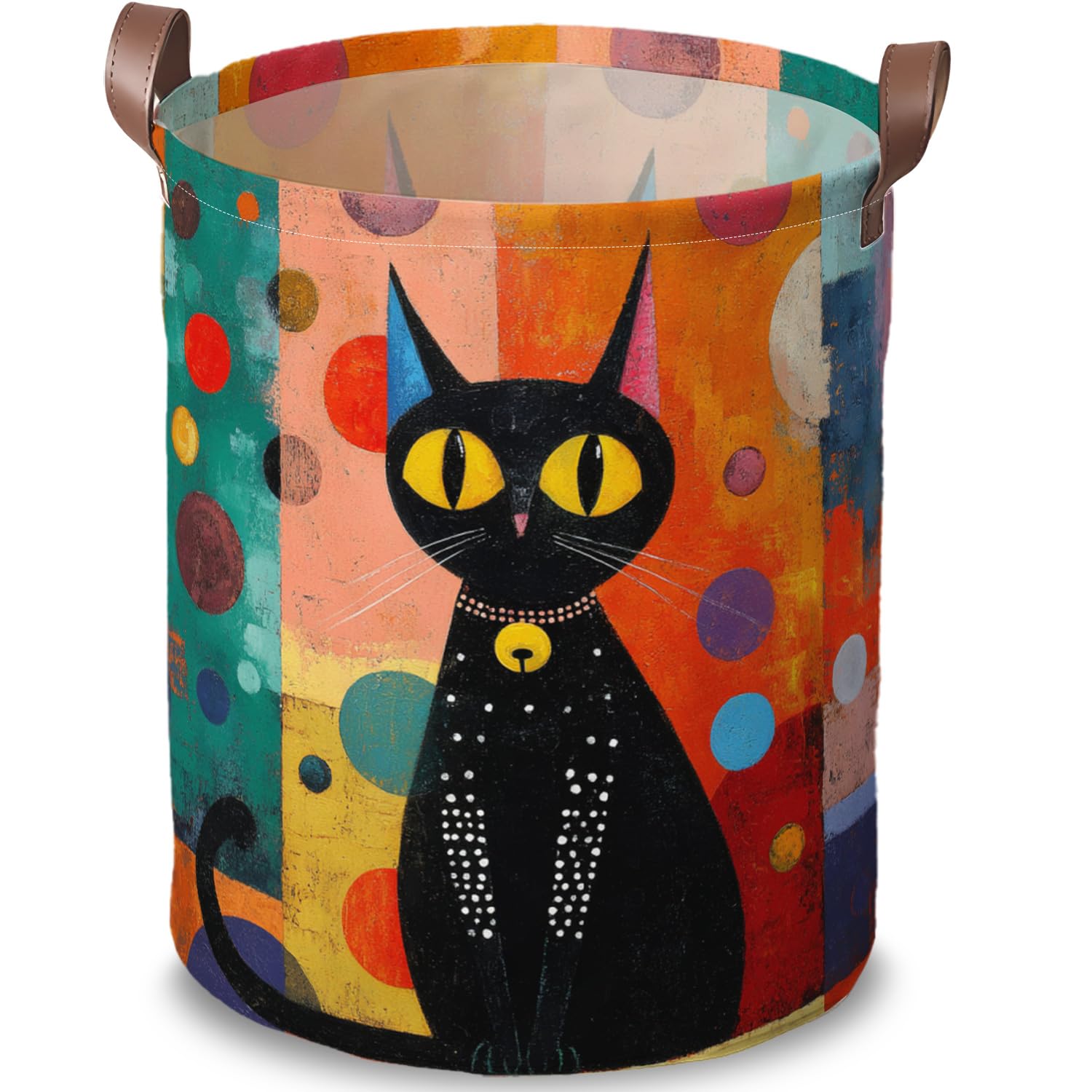 Mid-Century Modern Cat Laundry Basket, Black Polka Dot Hamper, 15.75x19.7in