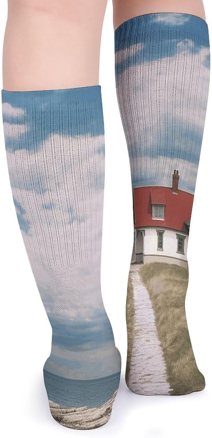 Breathable Crew Sock, Moisture Wicking, Athletic Calf Socks, Cozy | Lighthouse Backdrop Compression Socks for Women Men, Lightweight High Work Socks for Business, Casual
