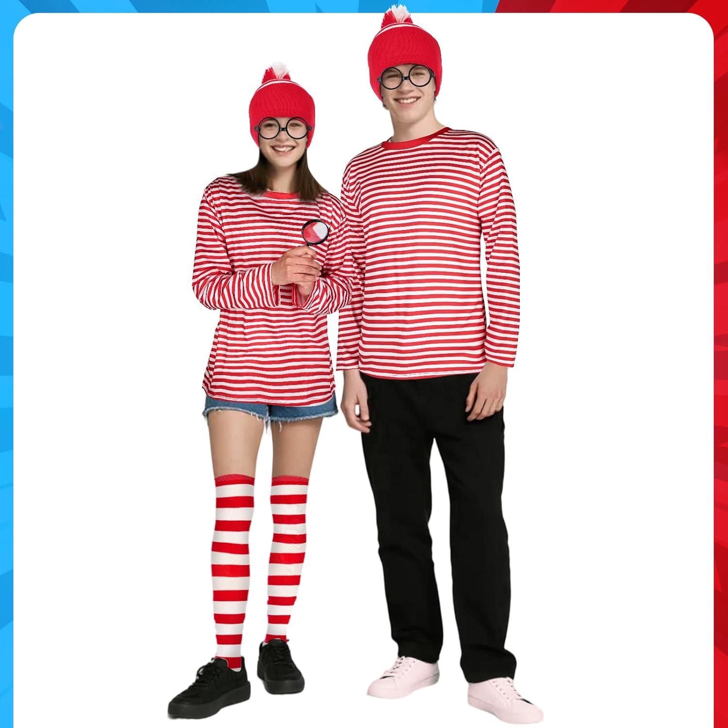 MJOGGOTT 9 Pcs Funny Halloween Couples Costumes including Men Women's Halloween Costumes Sweatshirt Red and White Striped Shirt Glasses Hat Sock Magnifier for Couple Halloween Cosplay Party - Image 7