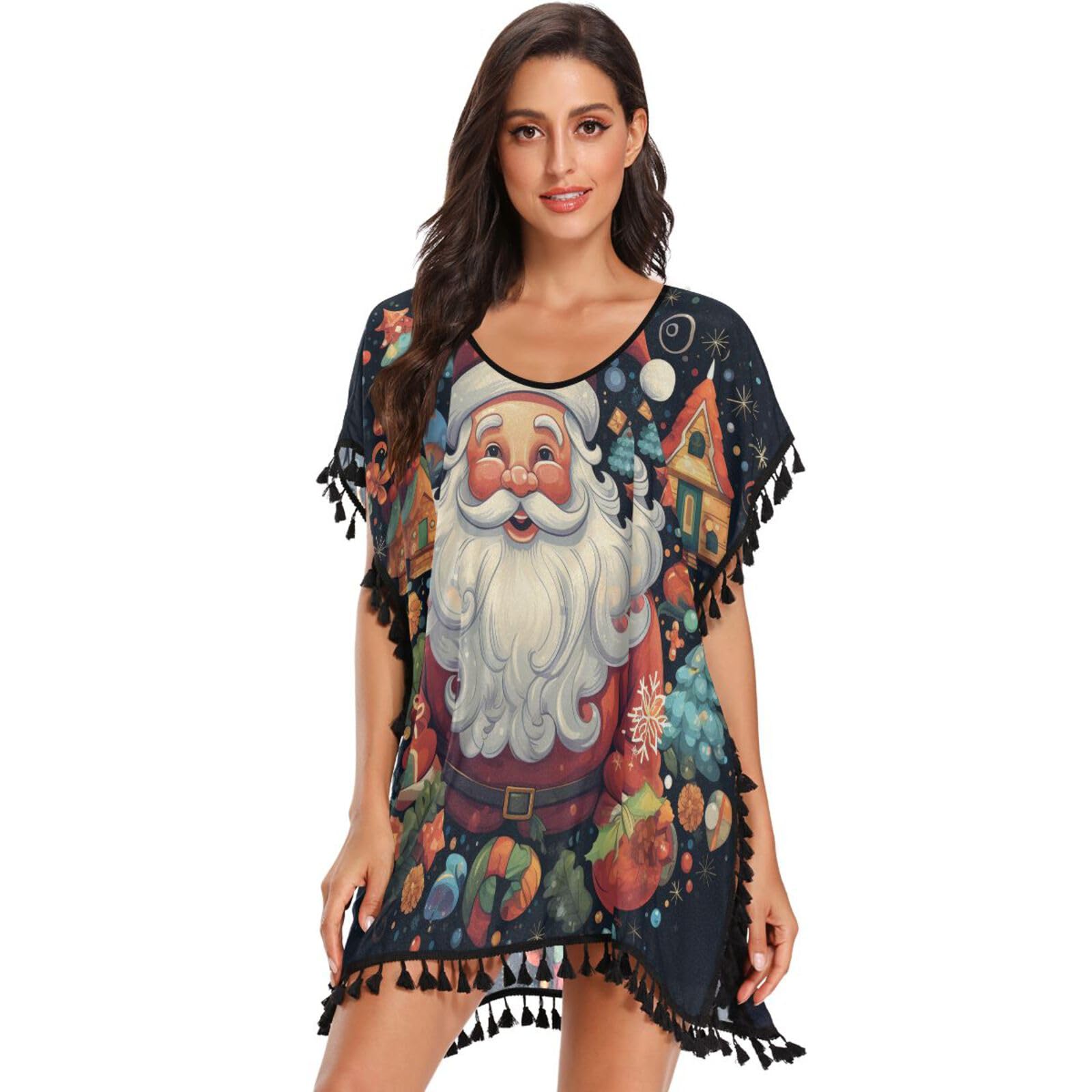 KAAVIYO Christmas Pattern Trees Women's Beach Cover Up Chiffon Tassel Swimwear Swimsuit Coverups for Girl