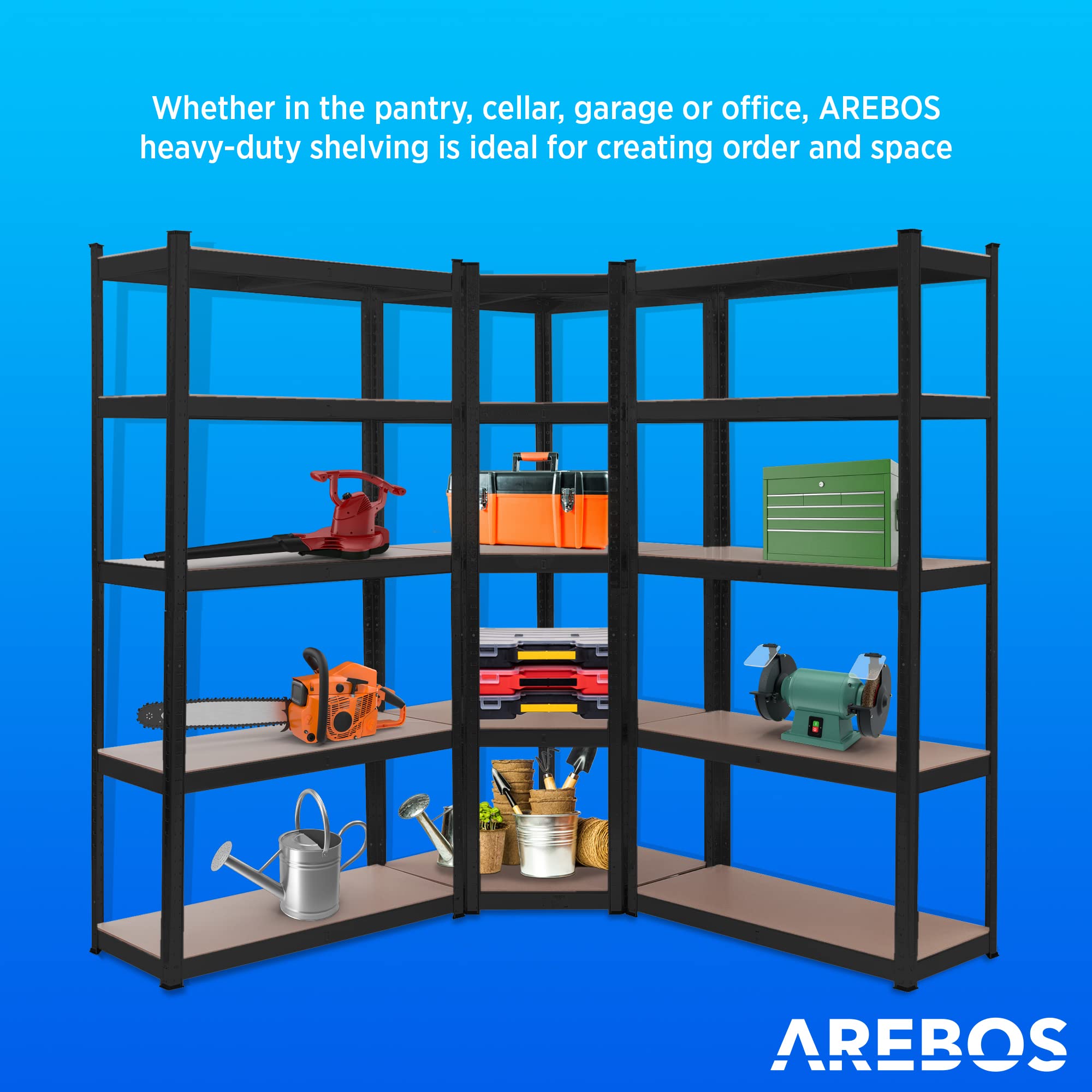 Arebos Schwerlastregal 3er Set | Eckregal Kombination | bis zu 875 kg Tragkraft | Montage durch Stecksystem | Robuste Metallkonstruktion | Mittelquerstrebe für mehr Stabilität | Schwarz