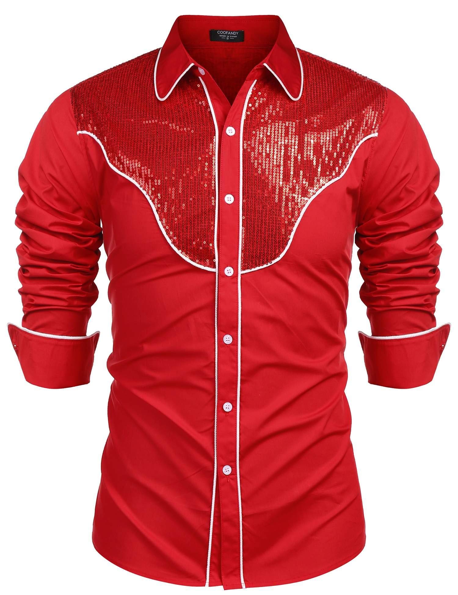 COOFANDY Men's Sequin Embroidered Western Shirts Long Sleeve Slim Fit Casual Button Down Party Shirt