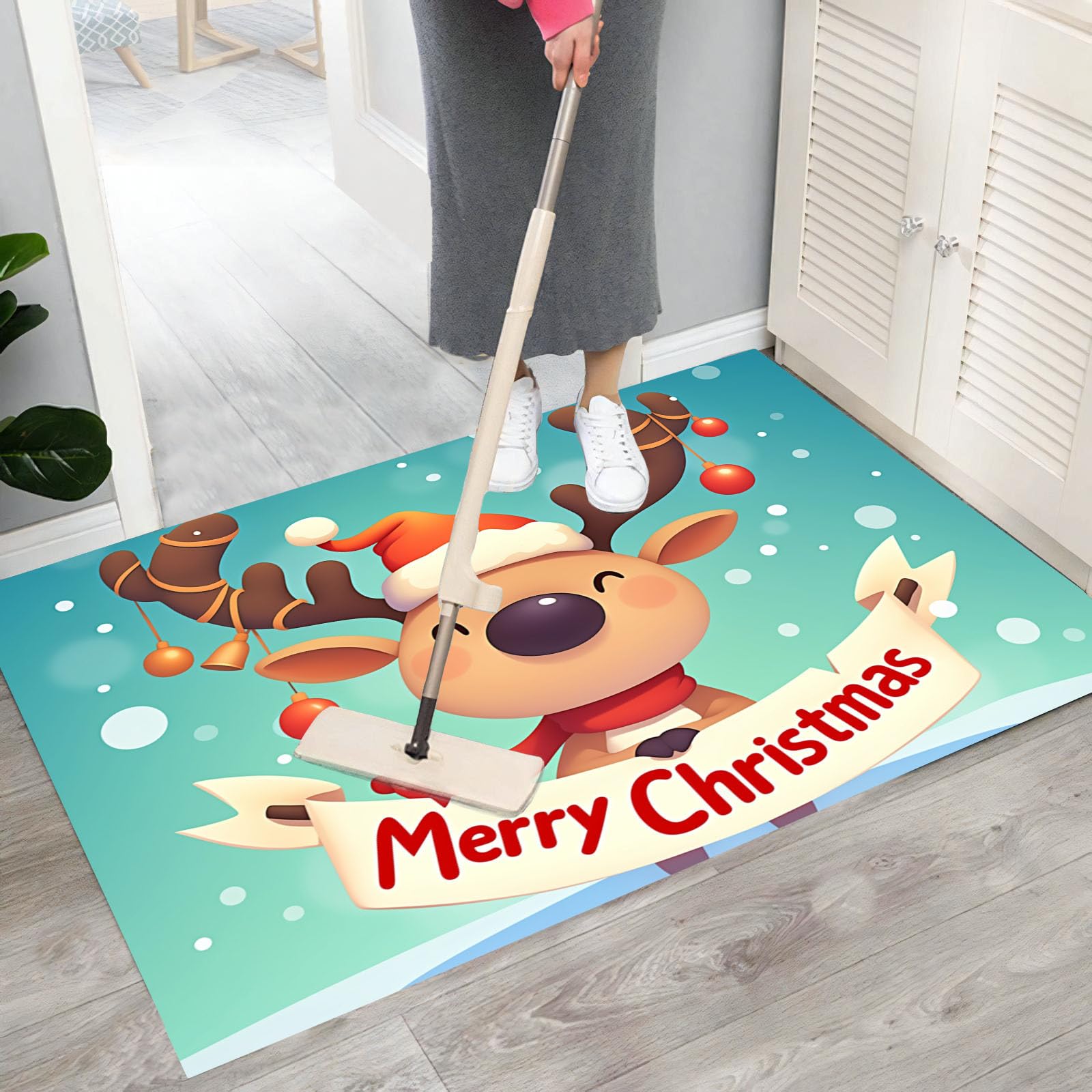 Felpudo ¡Feliz Navidad!, 80x120cm Alfombra Puerta ¡Qué Lindos Renos!, Alfombra Navidad Antideslizante para Cocina Pasillo Salón, Felpudo Entrada Casa Decoración