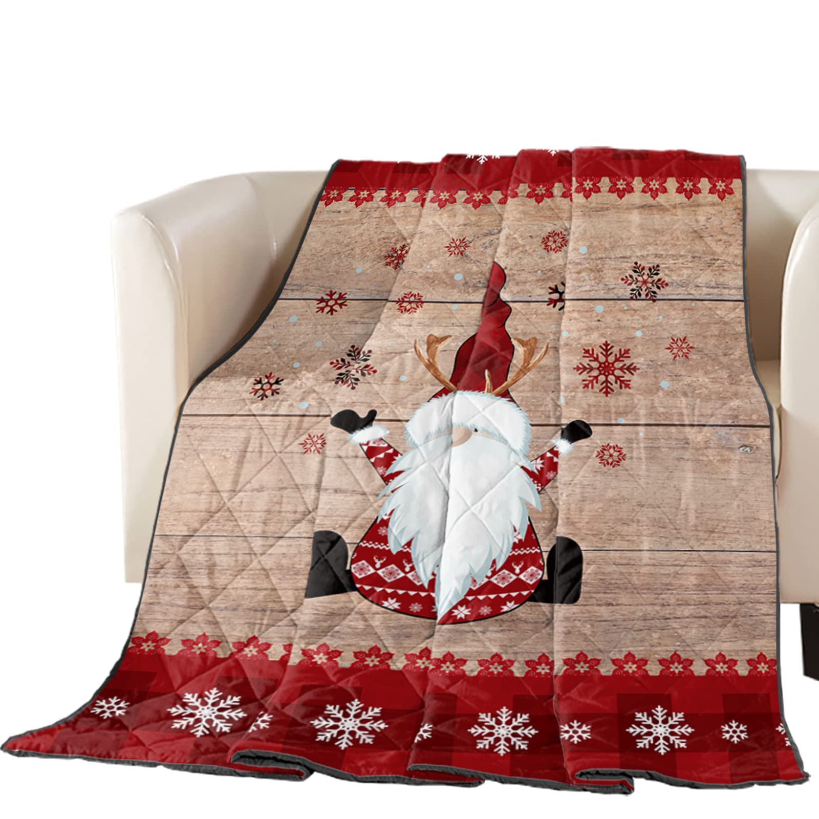 Quilt Oversized King Luxury Quilted Comforter Bedspread-Thin Soft Cozy, Merry Christmas Gnome Xmas Elf on Rustic Wood Grain Reversible Stitched Summer Lightweight Quilt Coverlet for All Season
