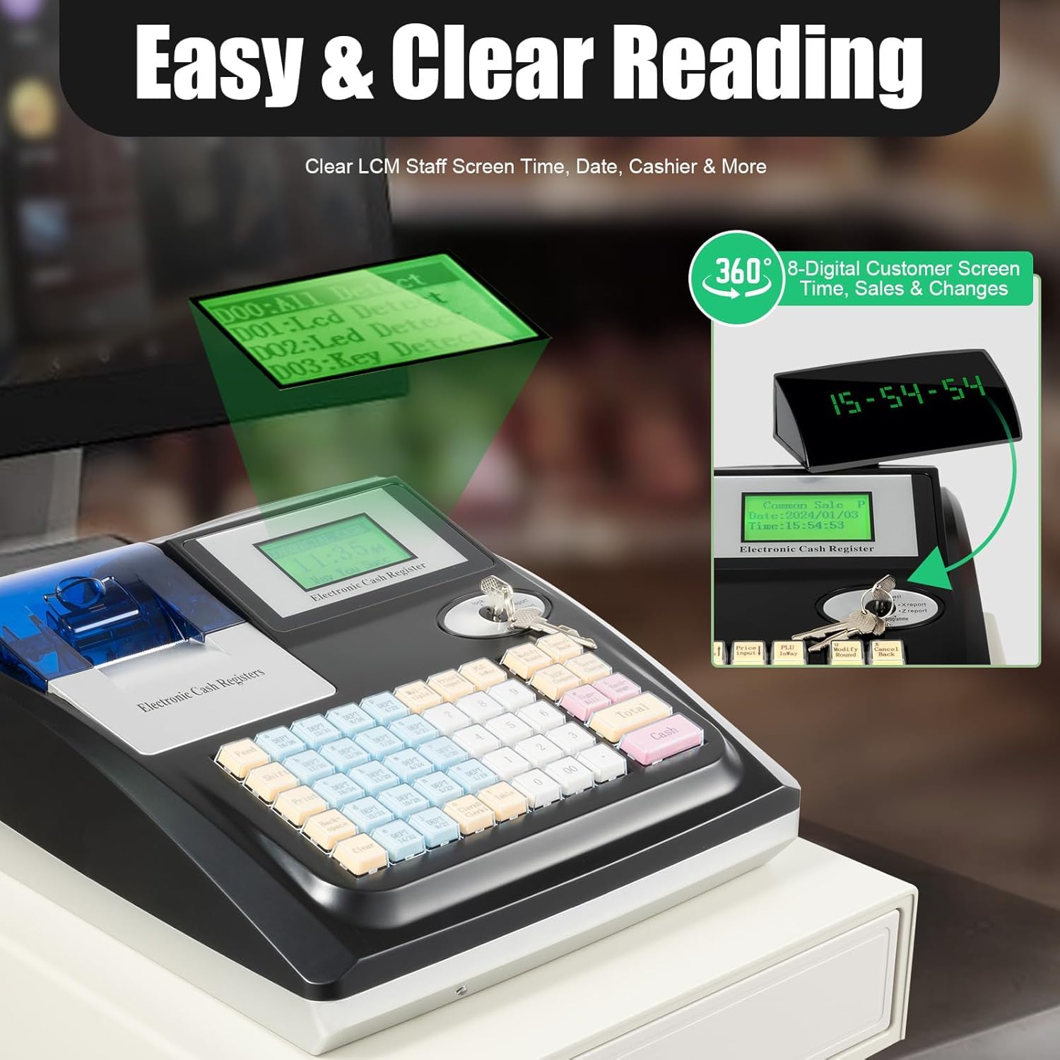 Sistema Pos Commerciale A 48 Tasti con Stampante Termica E Display LED Digitale A 8 Cifre, in Acciaio Inossidabile, Ideale per Negozi, Ristoranti E Centri Commerciali. Black