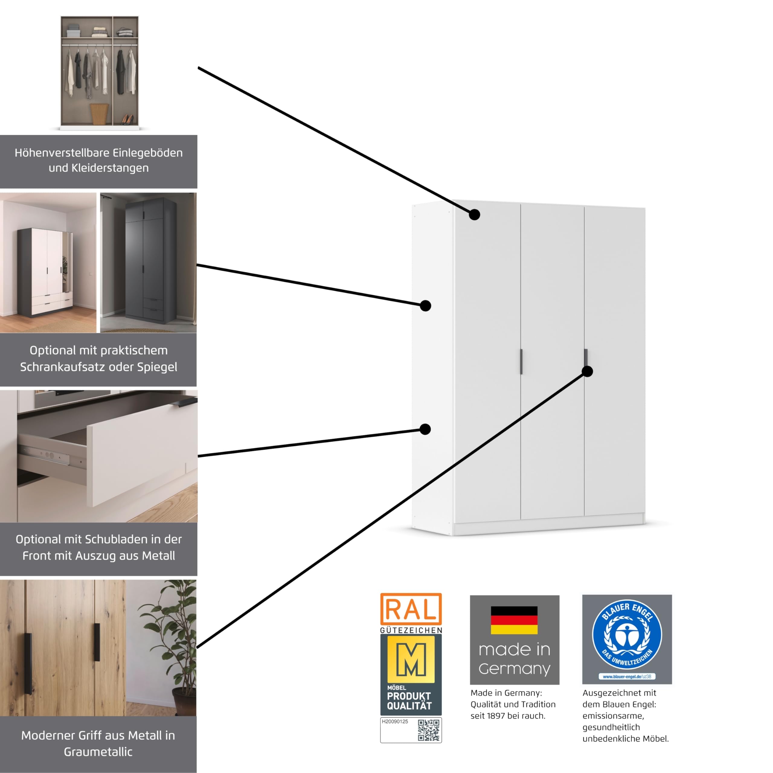 Rauch Möbel LAGOA, Kleiderschrank, Farbe Weiß, Breite 181 cm | Schrank, 4-türig, Spiegel, 4 Schubladen, Zubehör Basic, für Schlafzimmer, Kinderzimmer, Babyzimmer, Garderobe